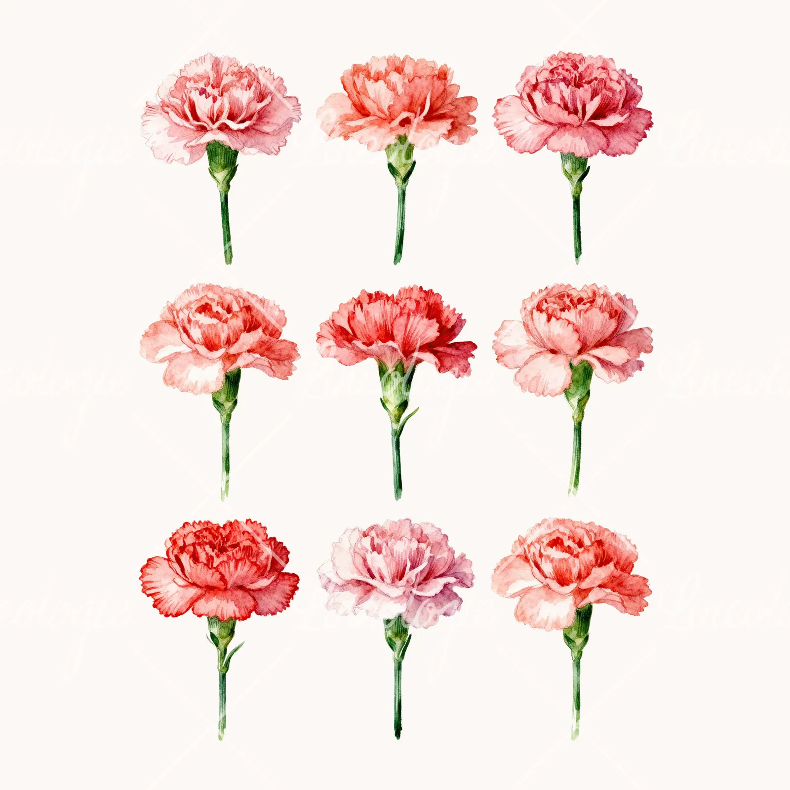 Watercolor Pink Carnation Clipart, all 9 illustrations in the pack