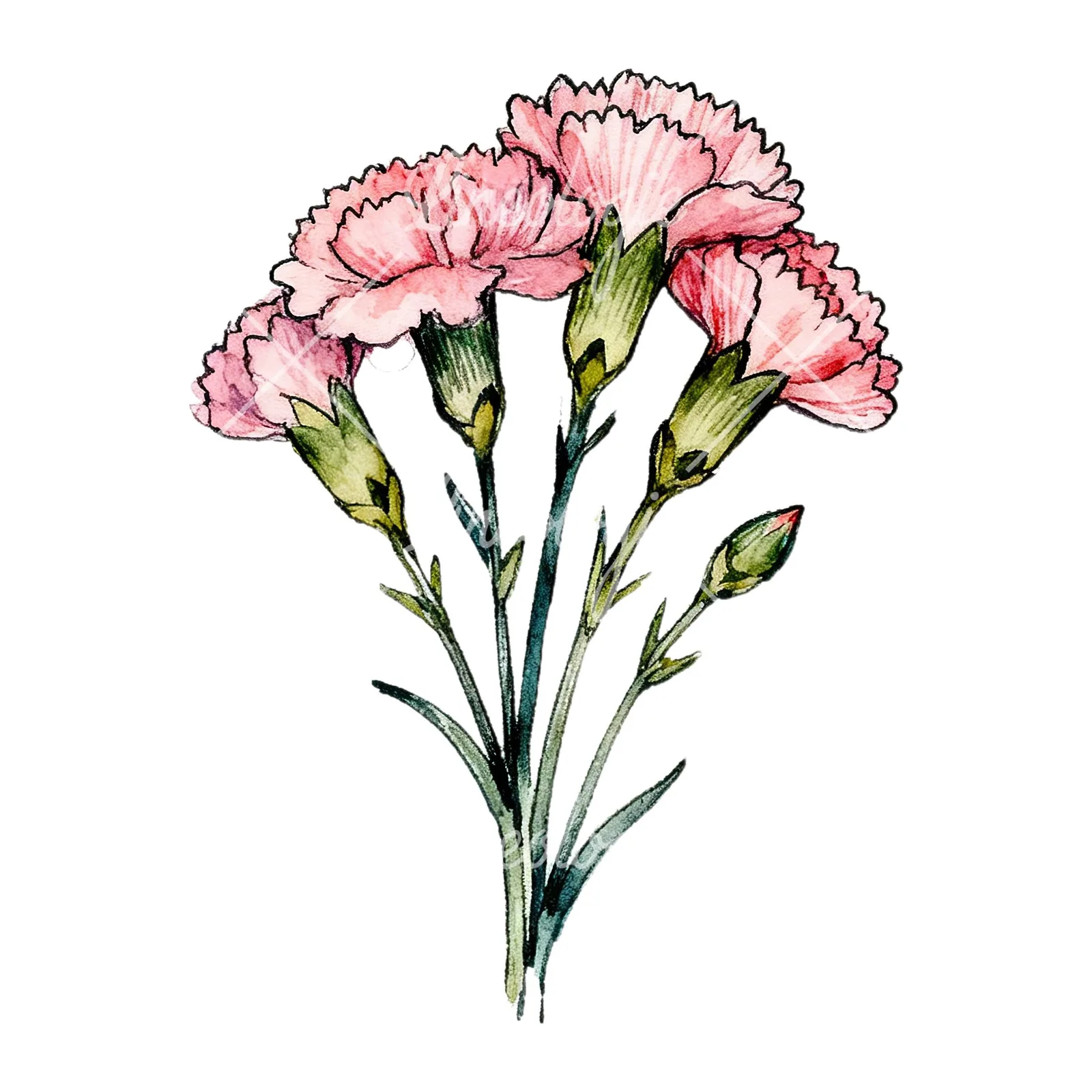 Watercolor pink carnation bouquet with green leaves clipart 1 of 9 on a white background (JPG)