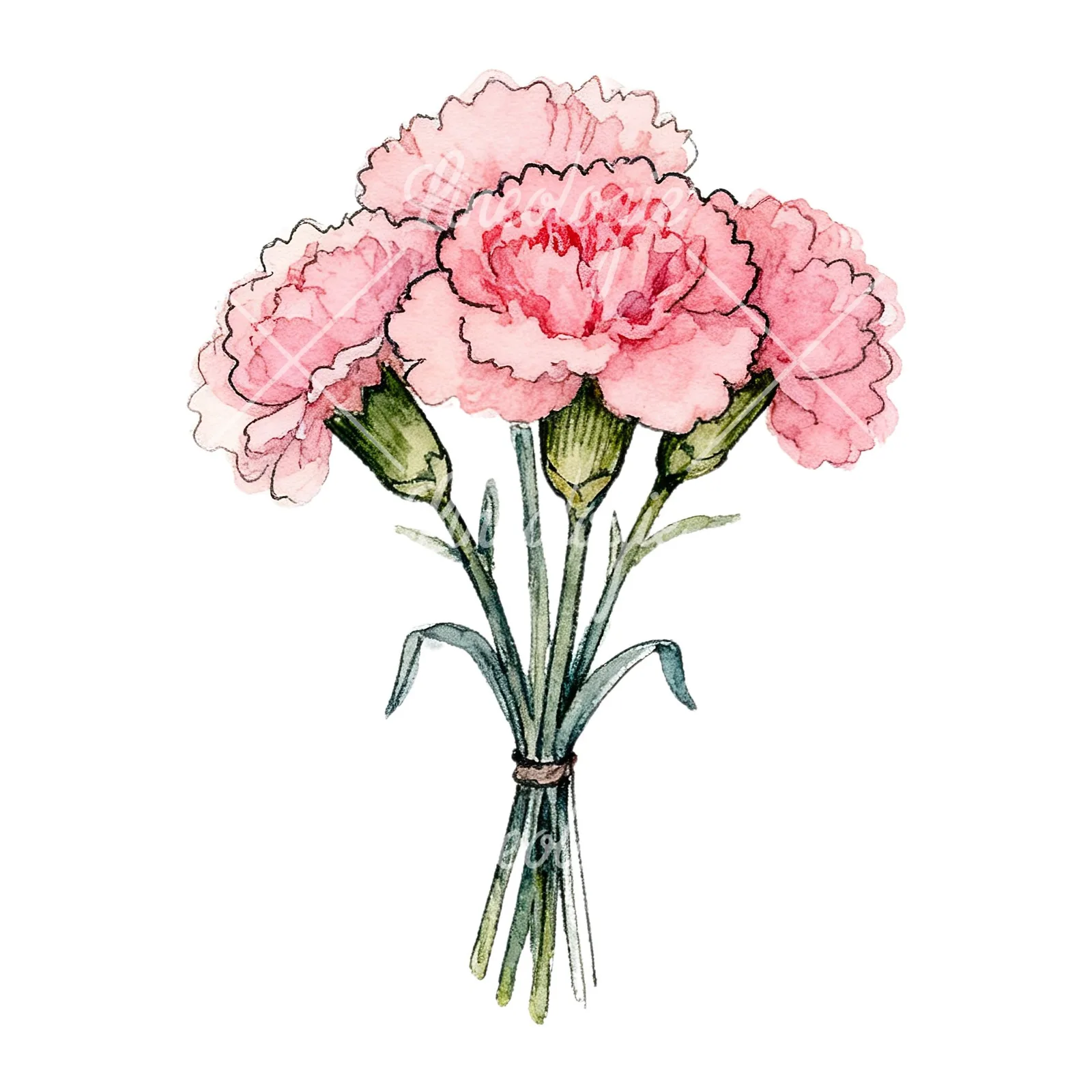 Watercolor pink carnation bouquet with green leaves clipart 2 of 9 on a white background (JPG)