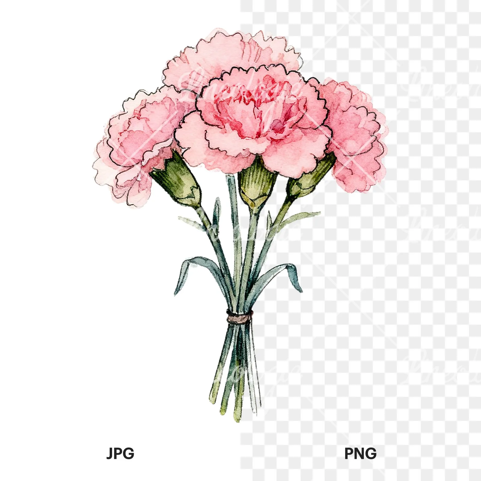 Watercolor pink carnation bouquet with green leaves clipart 2 of 9, as a JPG on white and a transparent PNG