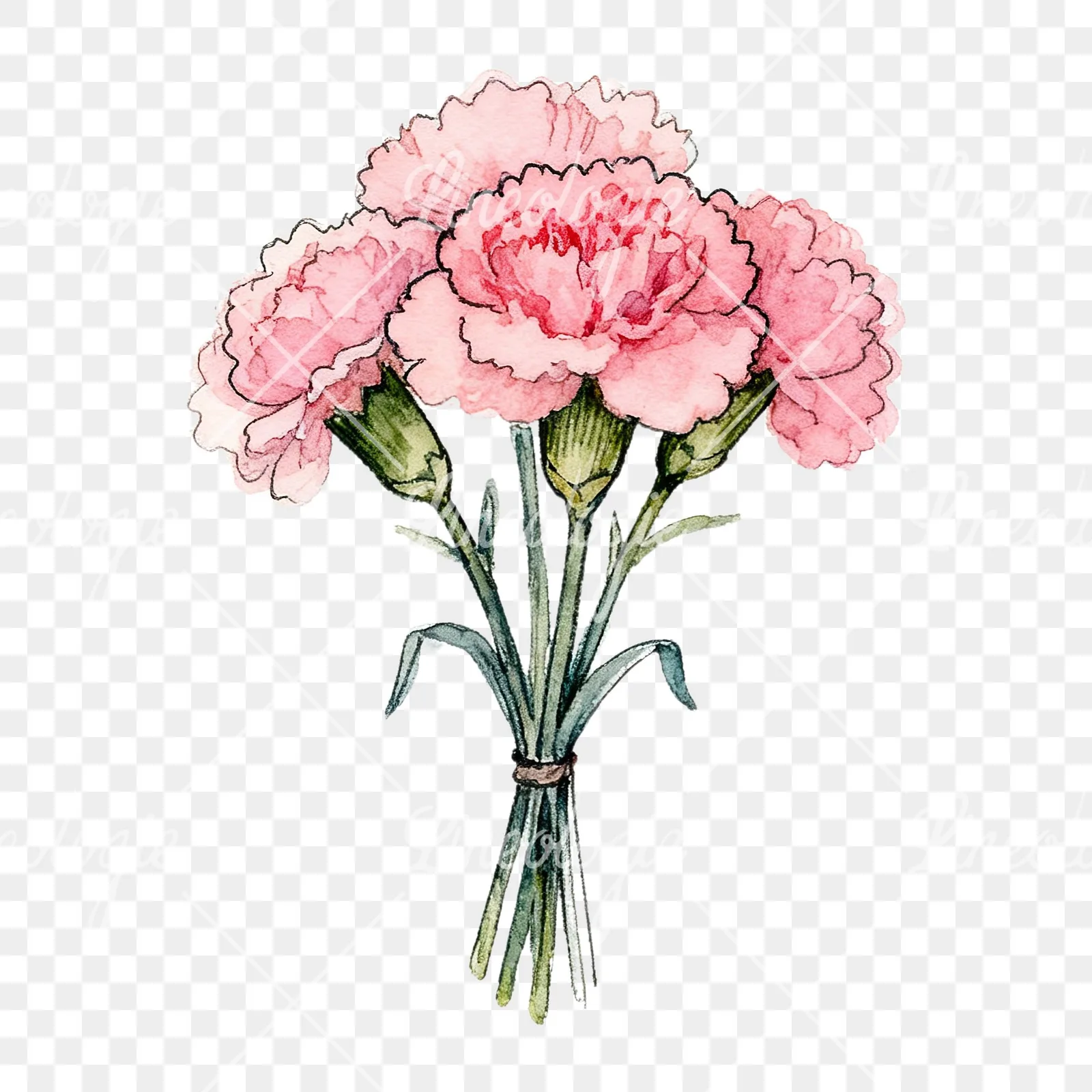 Watercolor pink carnation bouquet with green leaves clipart 2 of 9 on a transparent background (PNG)