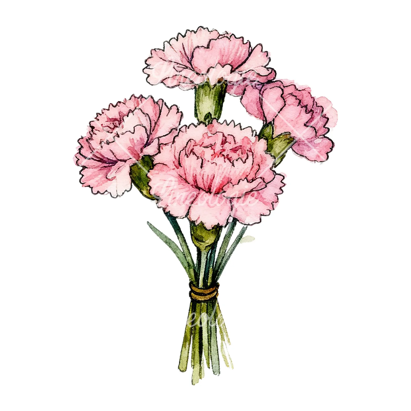 Watercolor pink carnation bouquet with green leaves clipart 3 of 9 on a white background (JPG)