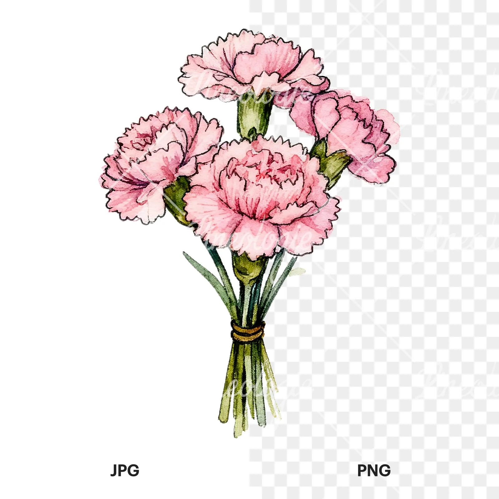 Watercolor pink carnation bouquet with green leaves clipart 3 of 9, as a JPG on white and a transparent PNG