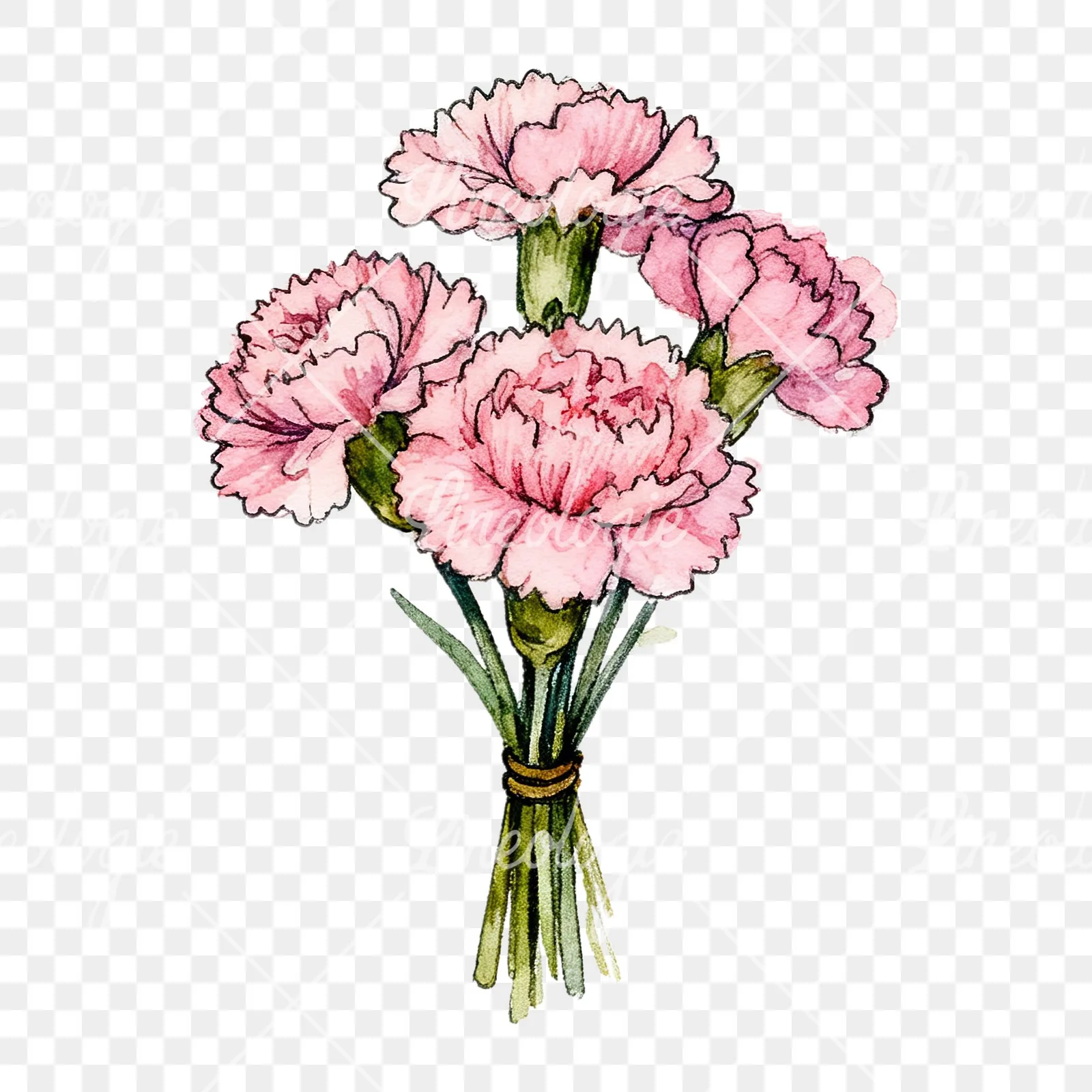 Watercolor pink carnation bouquet with green leaves clipart 3 of 9 on a transparent background (PNG)