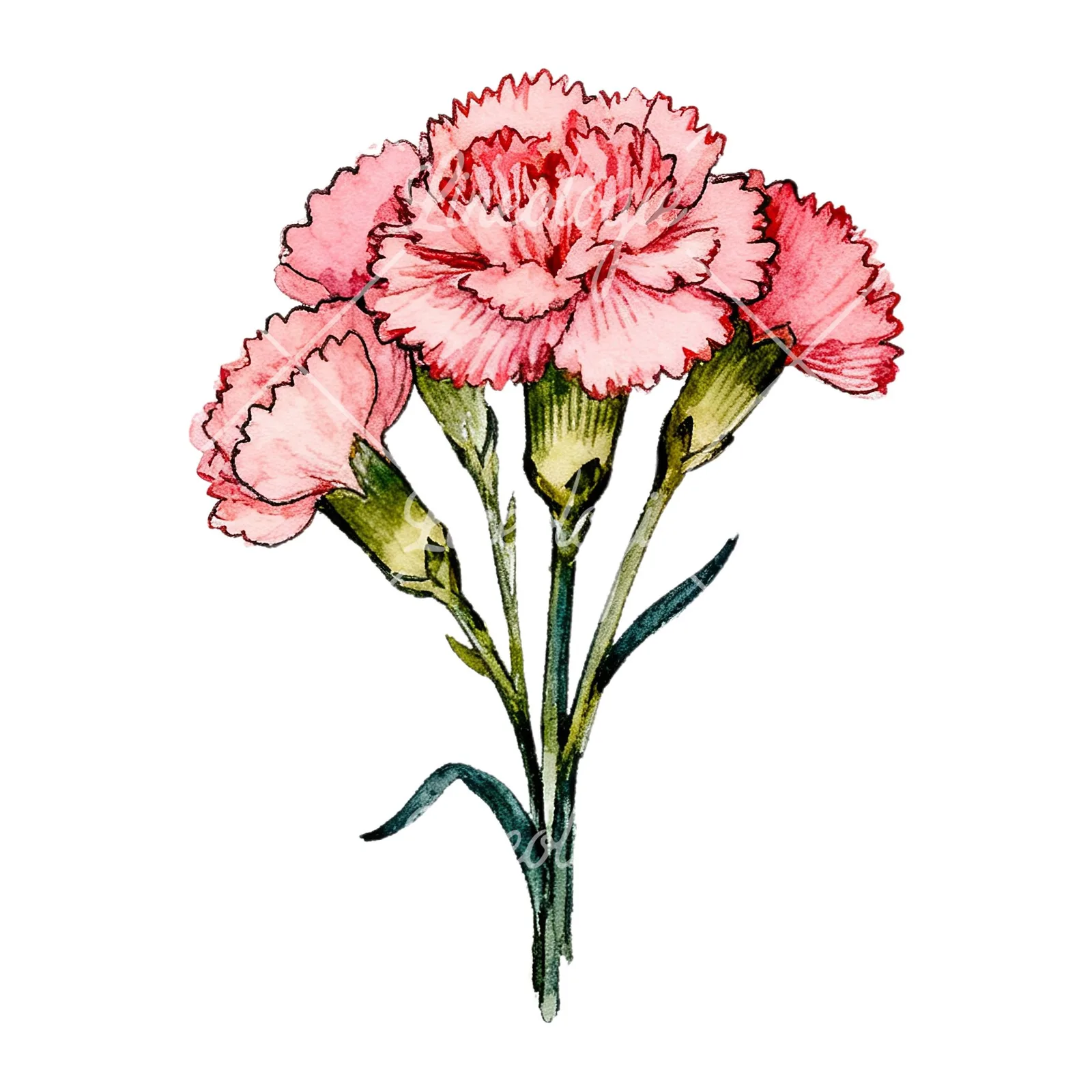 Watercolor pink carnation bouquet with green leaves clipart 4 of 9 on a white background (JPG)