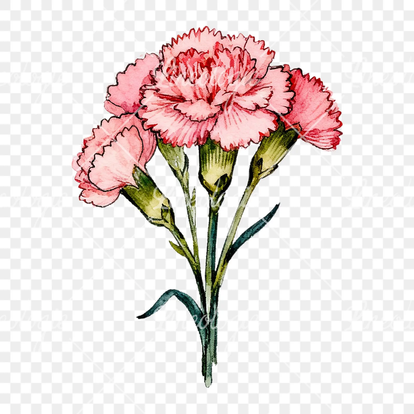 Watercolor pink carnation bouquet with green leaves clipart 4 of 9 on a transparent background (PNG)