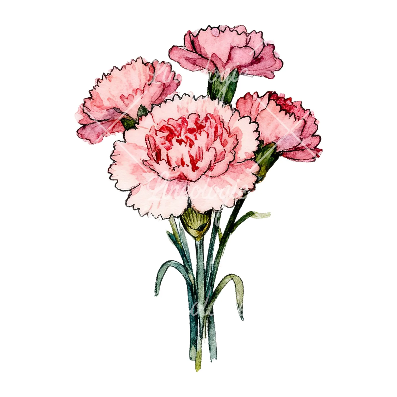 Watercolor pink carnation bouquet with green leaves clipart 5 of 9 on a white background (JPG)