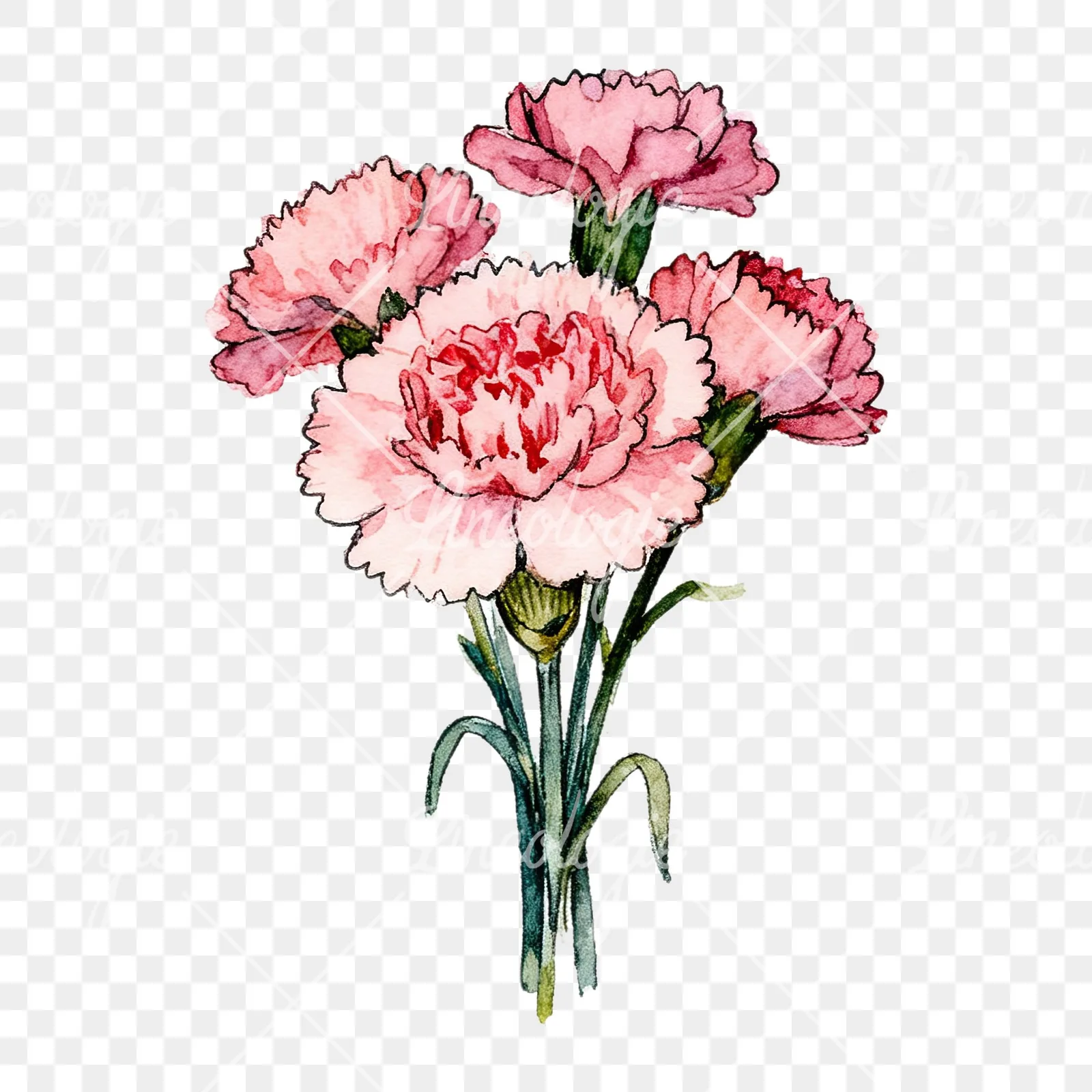 Watercolor pink carnation bouquet with green leaves clipart 5 of 9 on a transparent background (PNG)