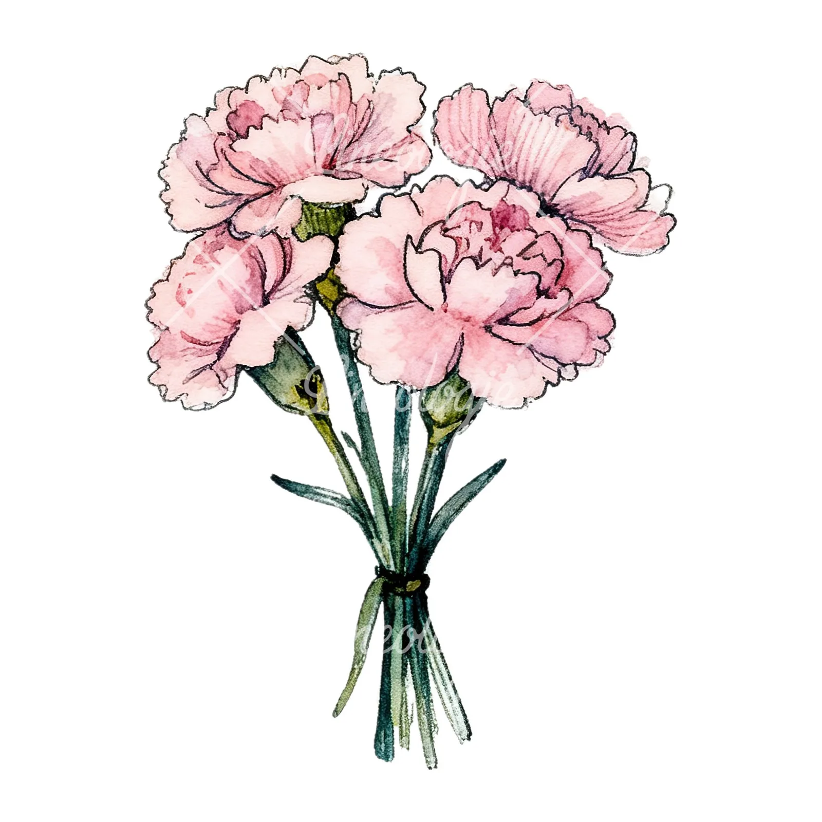 Watercolor pink carnation bouquet with green leaves clipart 6 of 9 on a white background (JPG)