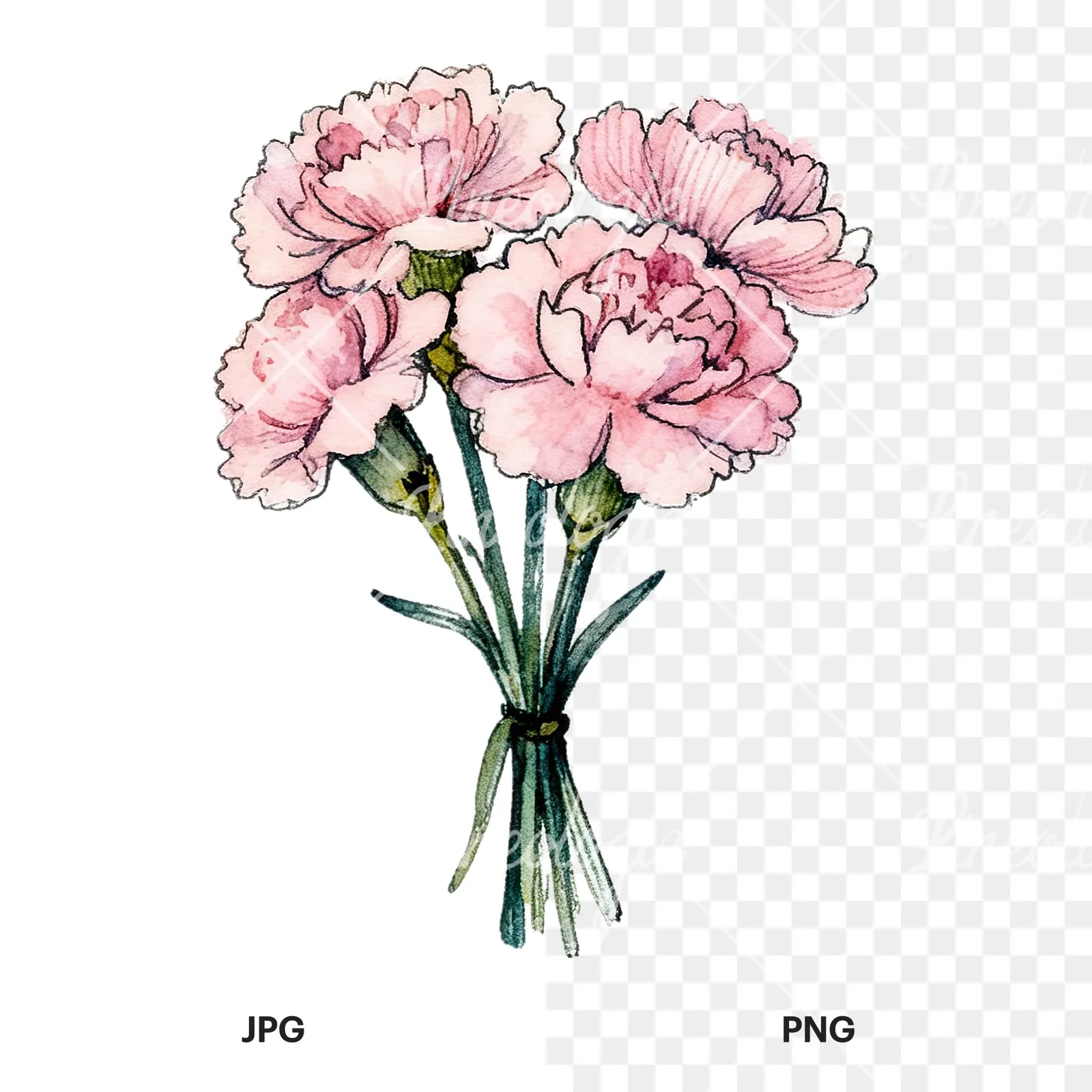 Watercolor pink carnation bouquet with green leaves clipart 6 of 9, as a JPG on white and a transparent PNG