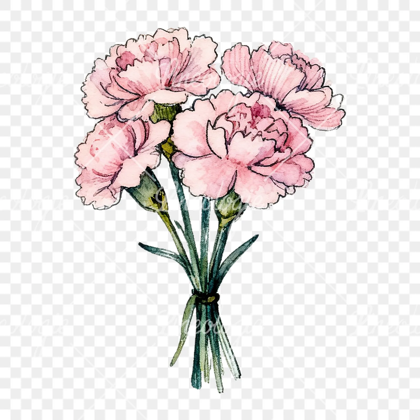 Watercolor pink carnation bouquet with green leaves clipart 6 of 9 on a transparent background (PNG)