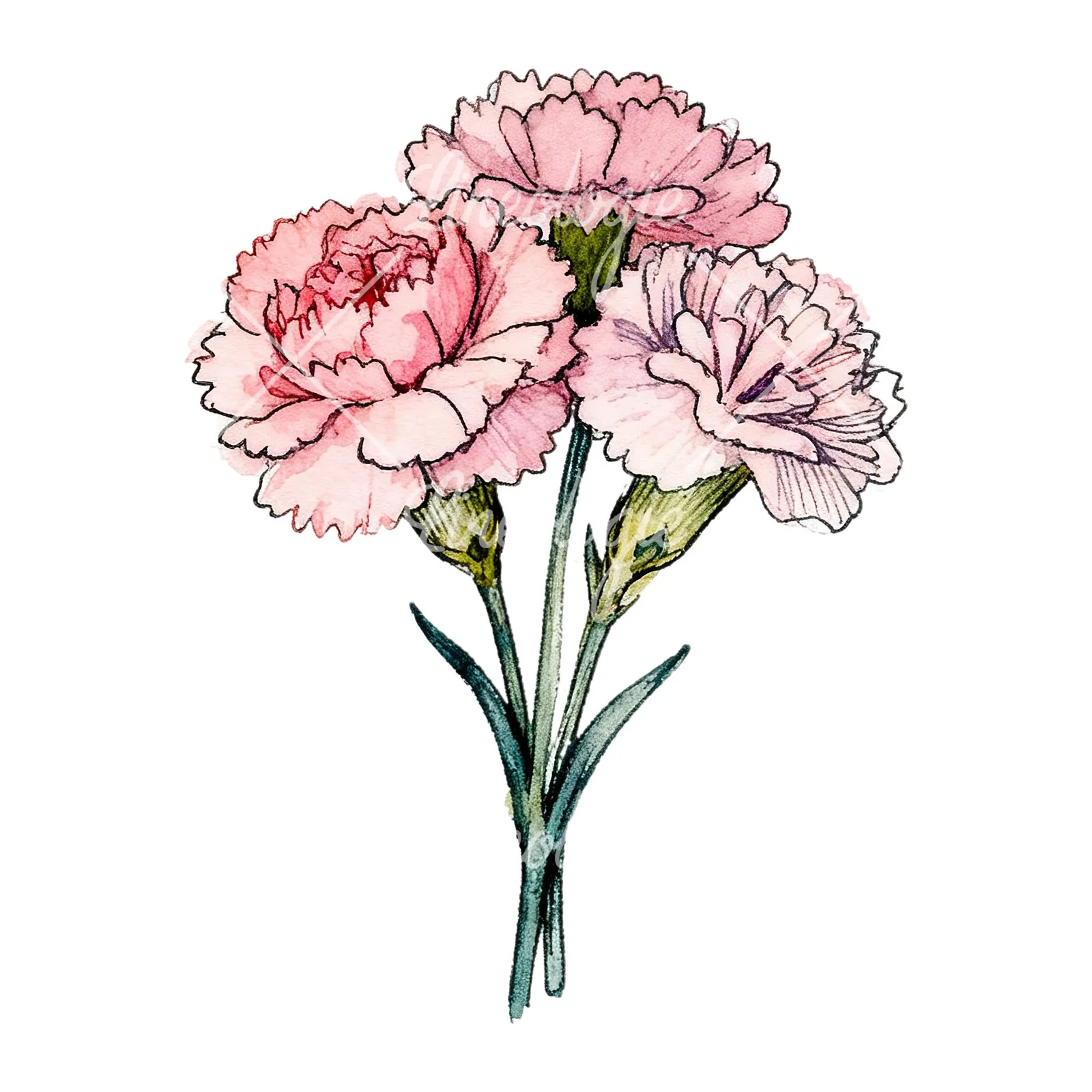 Watercolor pink carnation bouquet with green leaves clipart 7 of 9 on a white background (JPG)