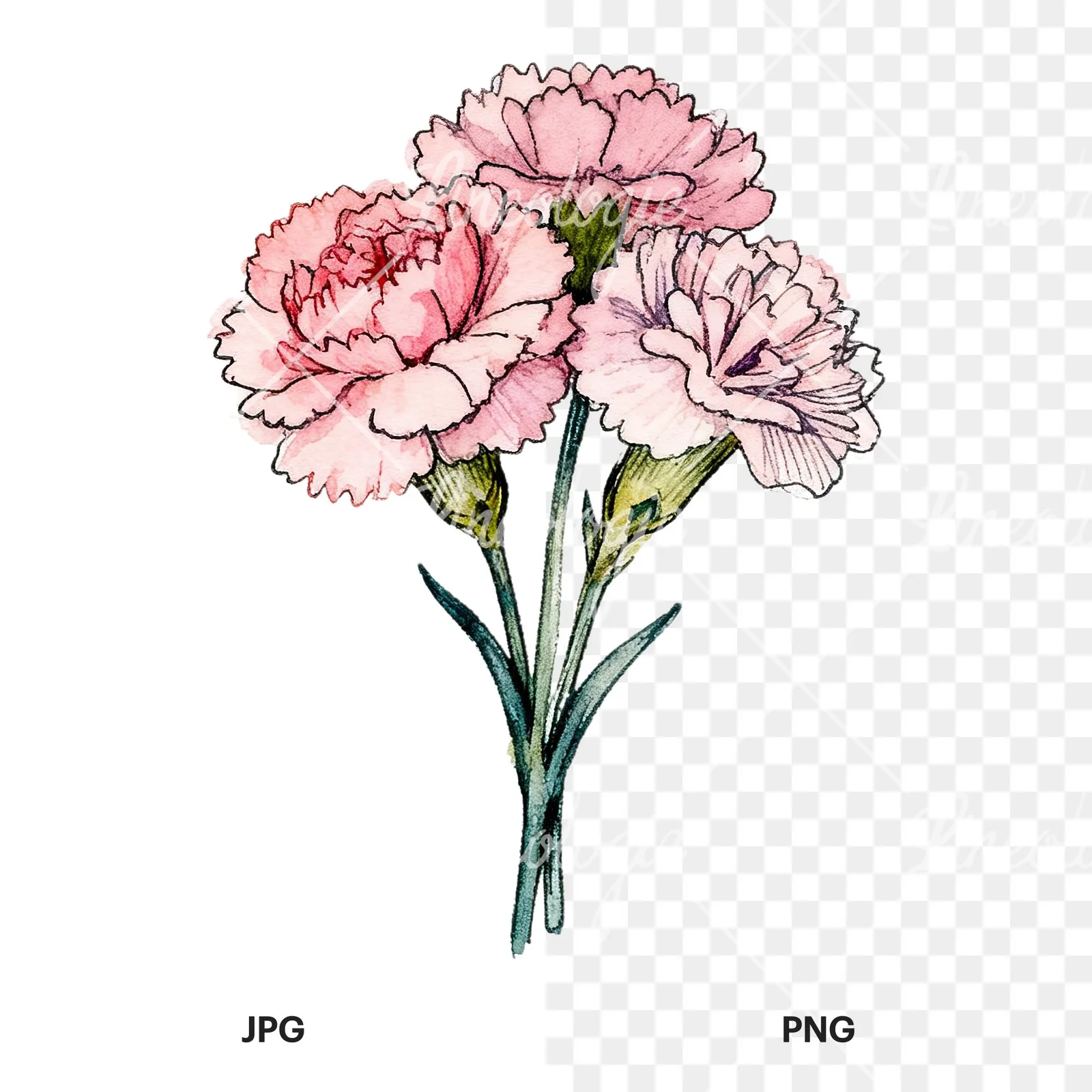 Watercolor pink carnation bouquet with green leaves clipart 7 of 9, as a JPG on white and a transparent PNG