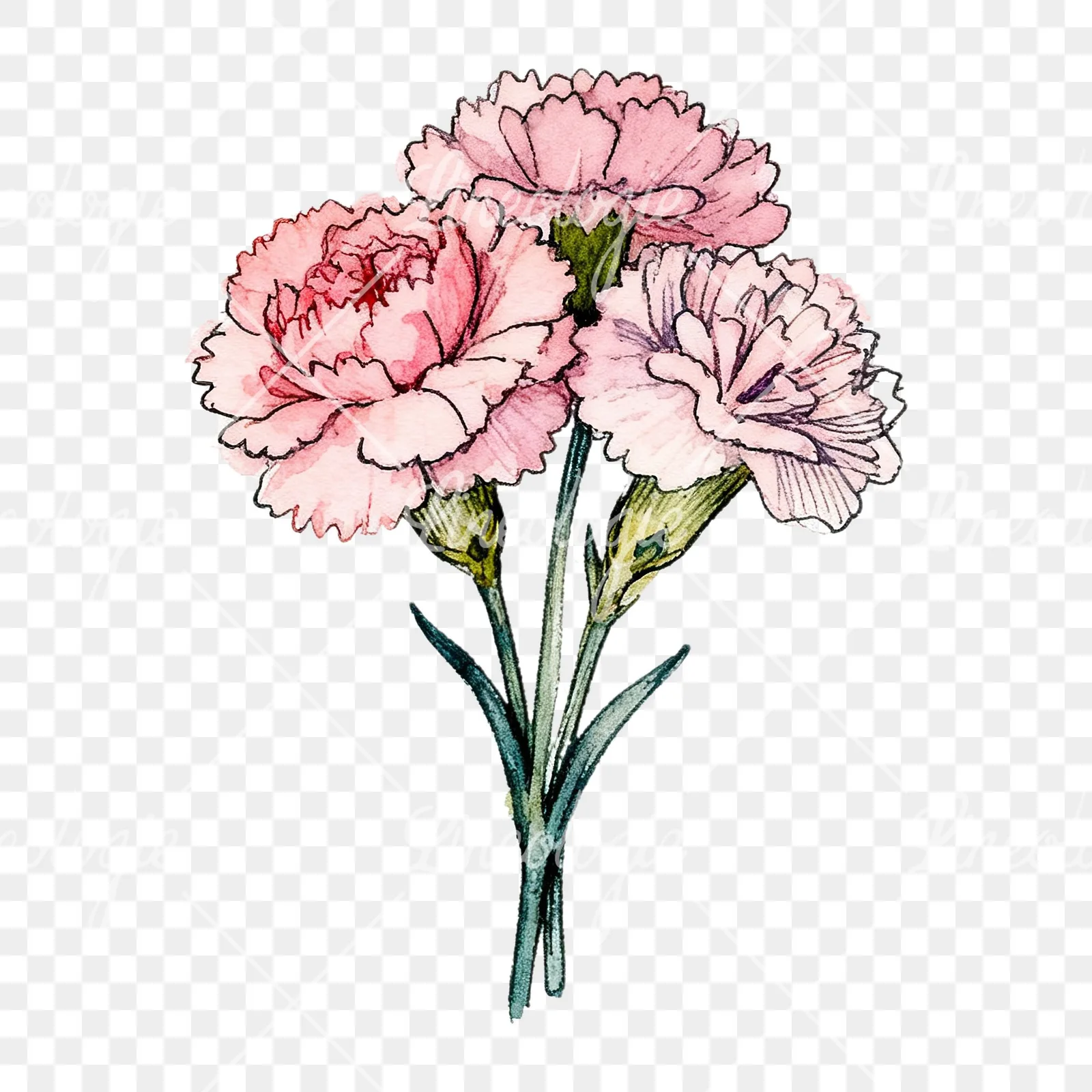Watercolor pink carnation bouquet with green leaves clipart 7 of 9 on a transparent background (PNG)