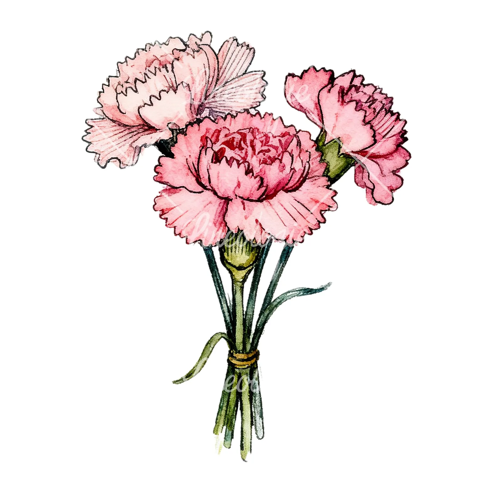 Watercolor pink carnation bouquet with green leaves clipart 8 of 9 on a white background (JPG)