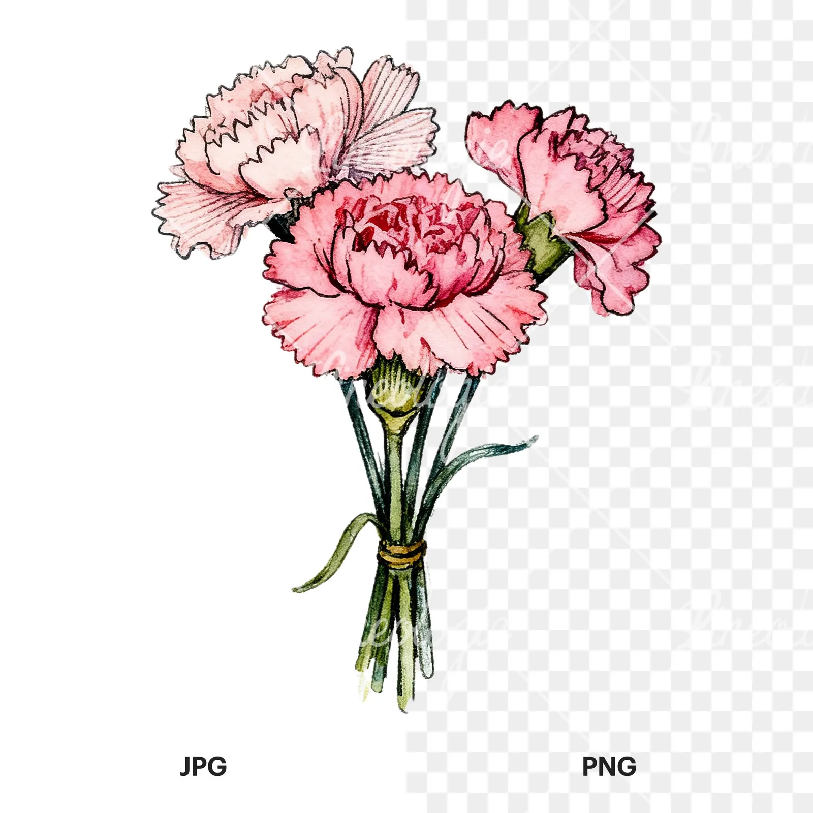 Watercolor pink carnation bouquet with green leaves clipart 8 of 9, as a JPG on white and a transparent PNG