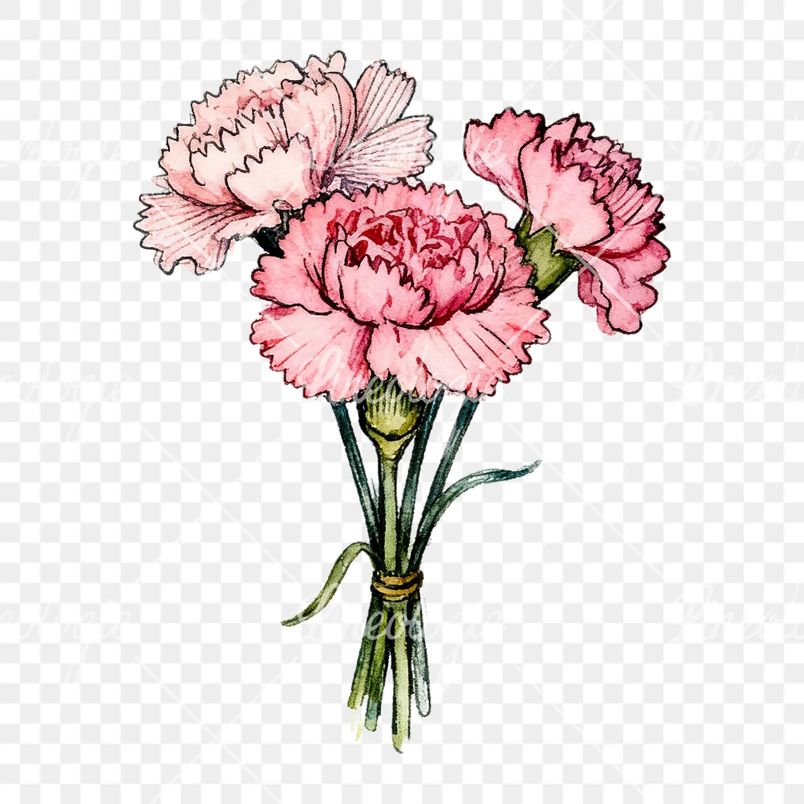 Watercolor pink carnation bouquet with green leaves clipart 8 of 9 on a transparent background (PNG)