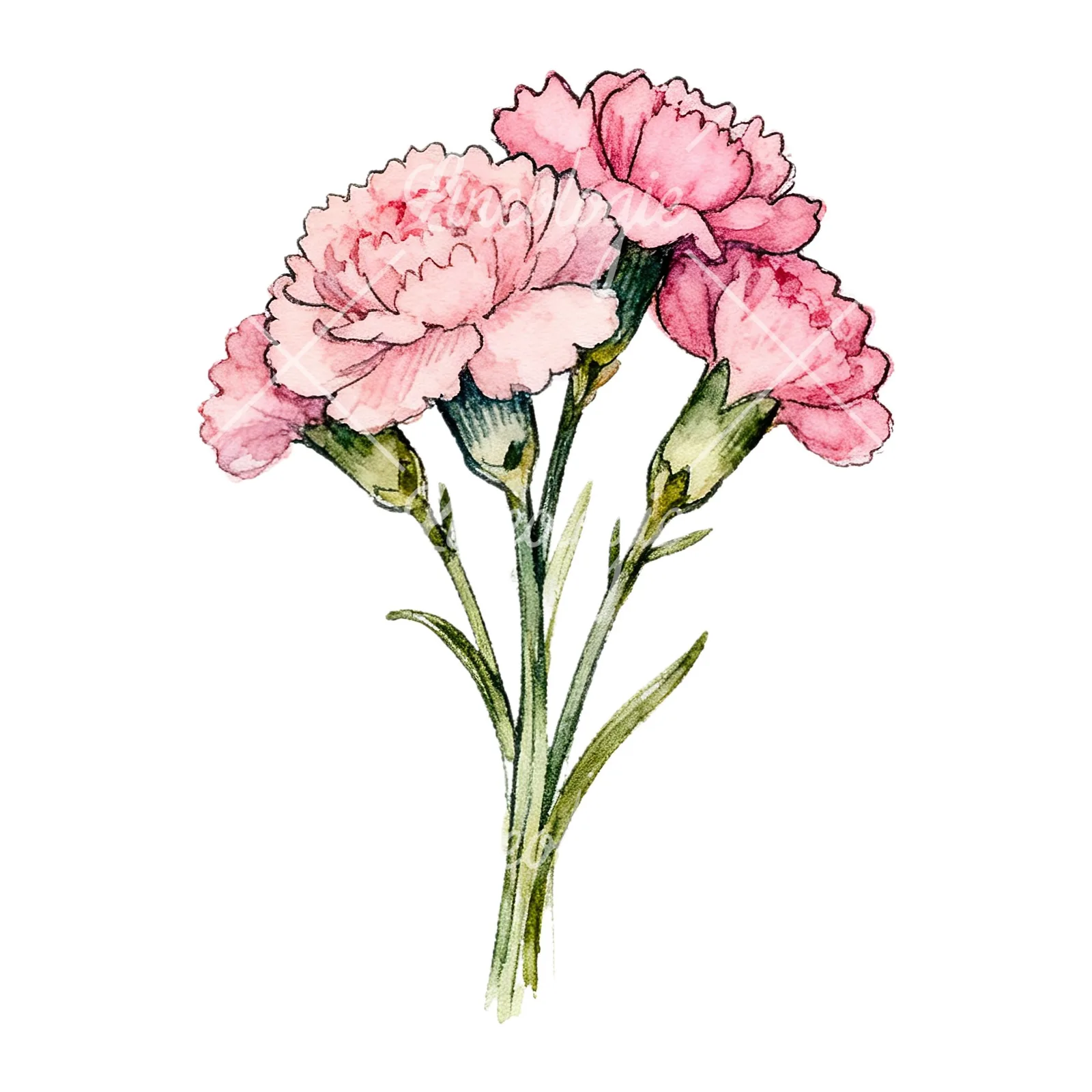 Watercolor pink carnation bouquet with green leaves clipart 9 of 9 on a white background (JPG)