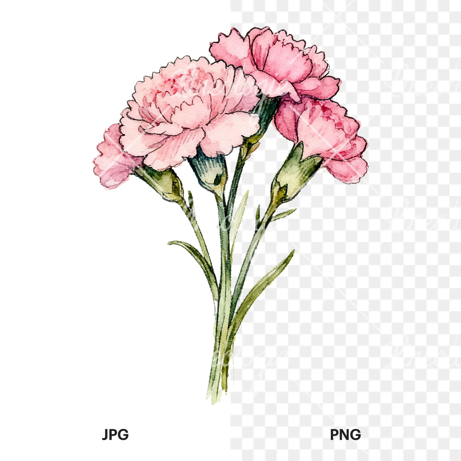 Watercolor pink carnation bouquet with green leaves clipart 9 of 9, as a JPG on white and a transparent PNG