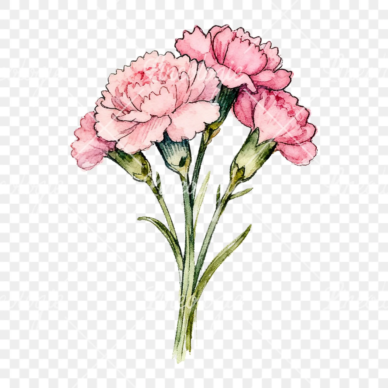 Watercolor pink carnation bouquet with green leaves clipart 9 of 9 on a transparent background (PNG)