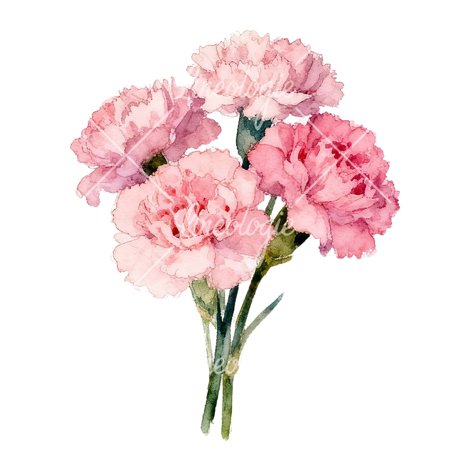 Watercolor tight pink carnation bouquet clipart 1 of 9 on a white background (JPG)