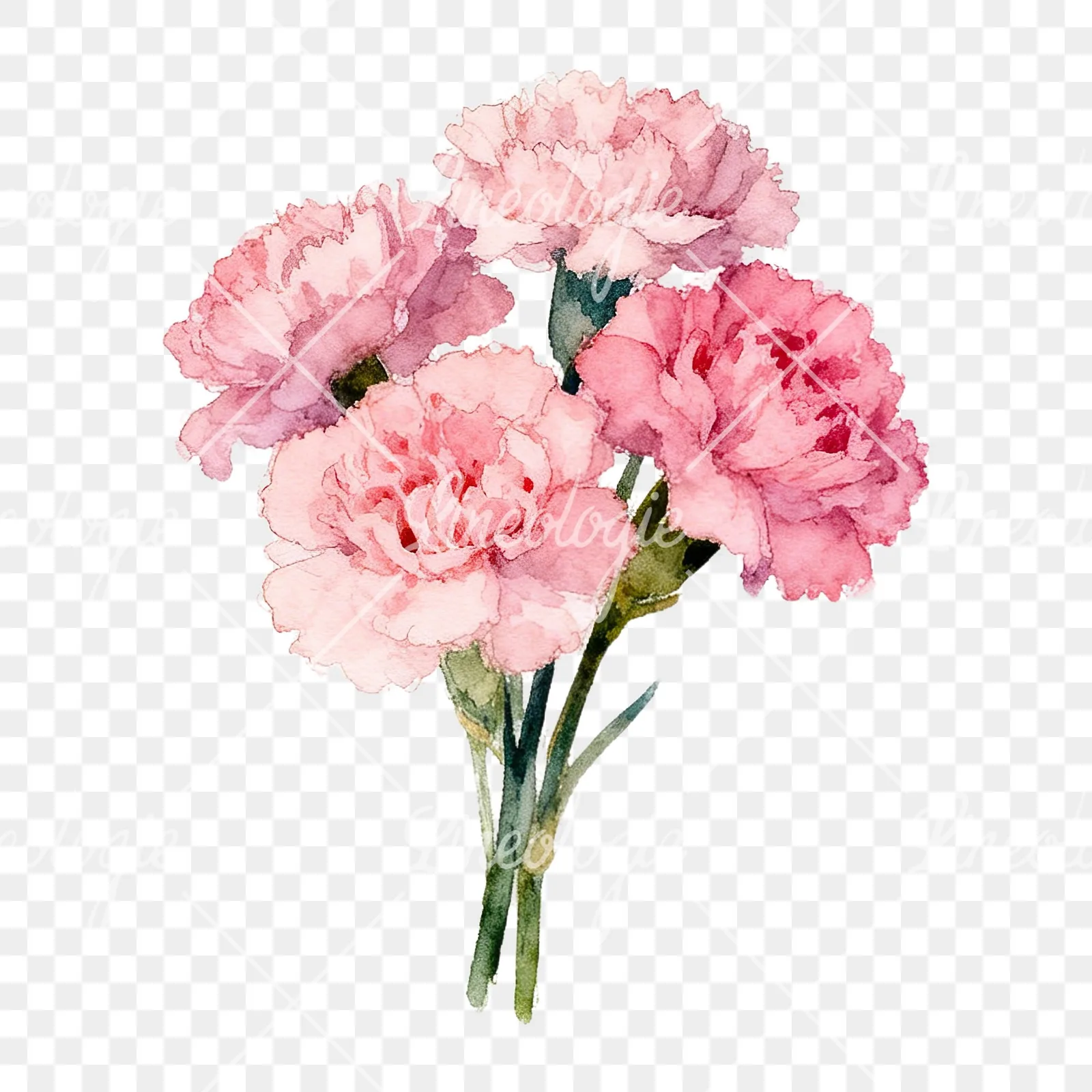 Watercolor tight pink carnation bouquet clipart 1 of 9 on a transparent background (PNG)
