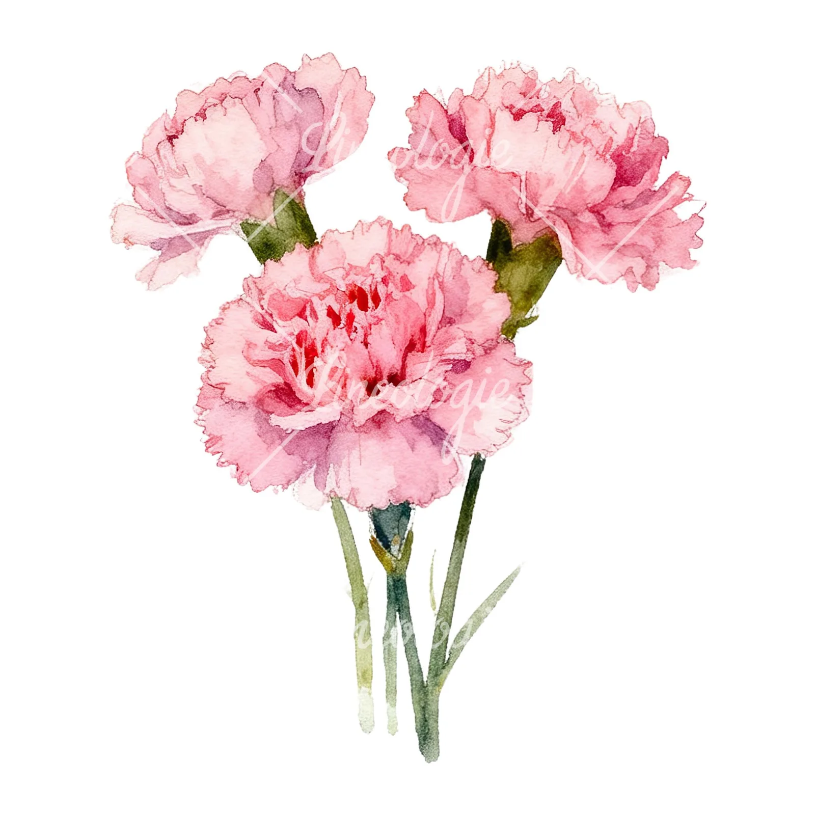 Watercolor tight pink carnation bouquet clipart 2 of 9 on a white background (JPG)