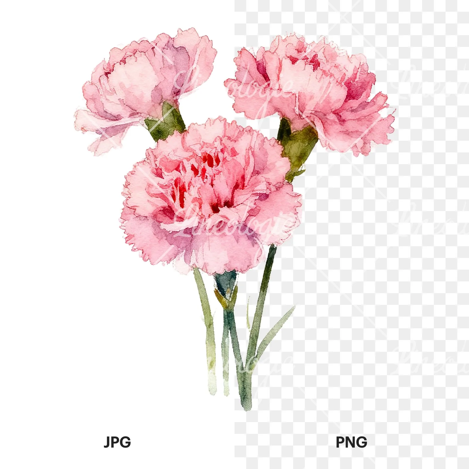 Watercolor tight pink carnation bouquet clipart 2 of 9, as a JPG on white and a transparent PNG