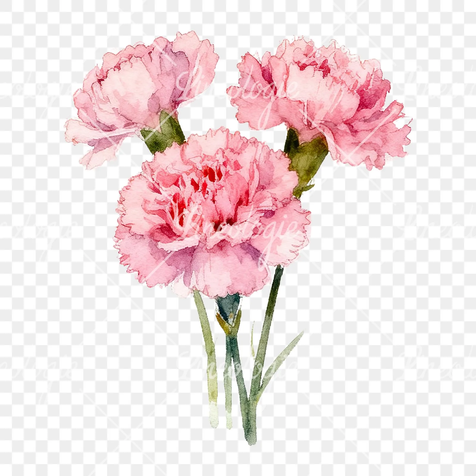 Watercolor tight pink carnation bouquet clipart 2 of 9 on a transparent background (PNG)