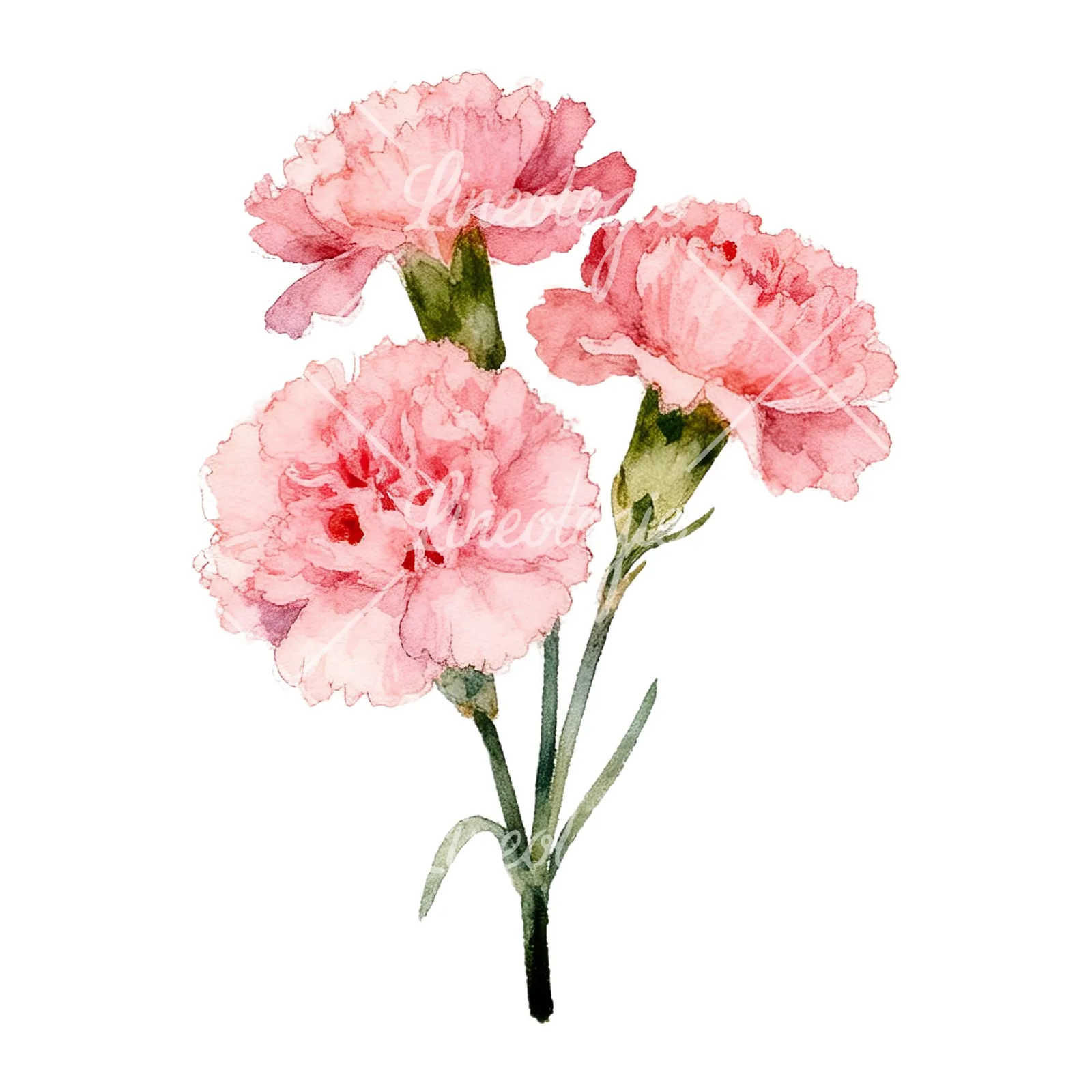 Watercolor tight pink carnation bouquet clipart 3 of 9 on a white background (JPG)