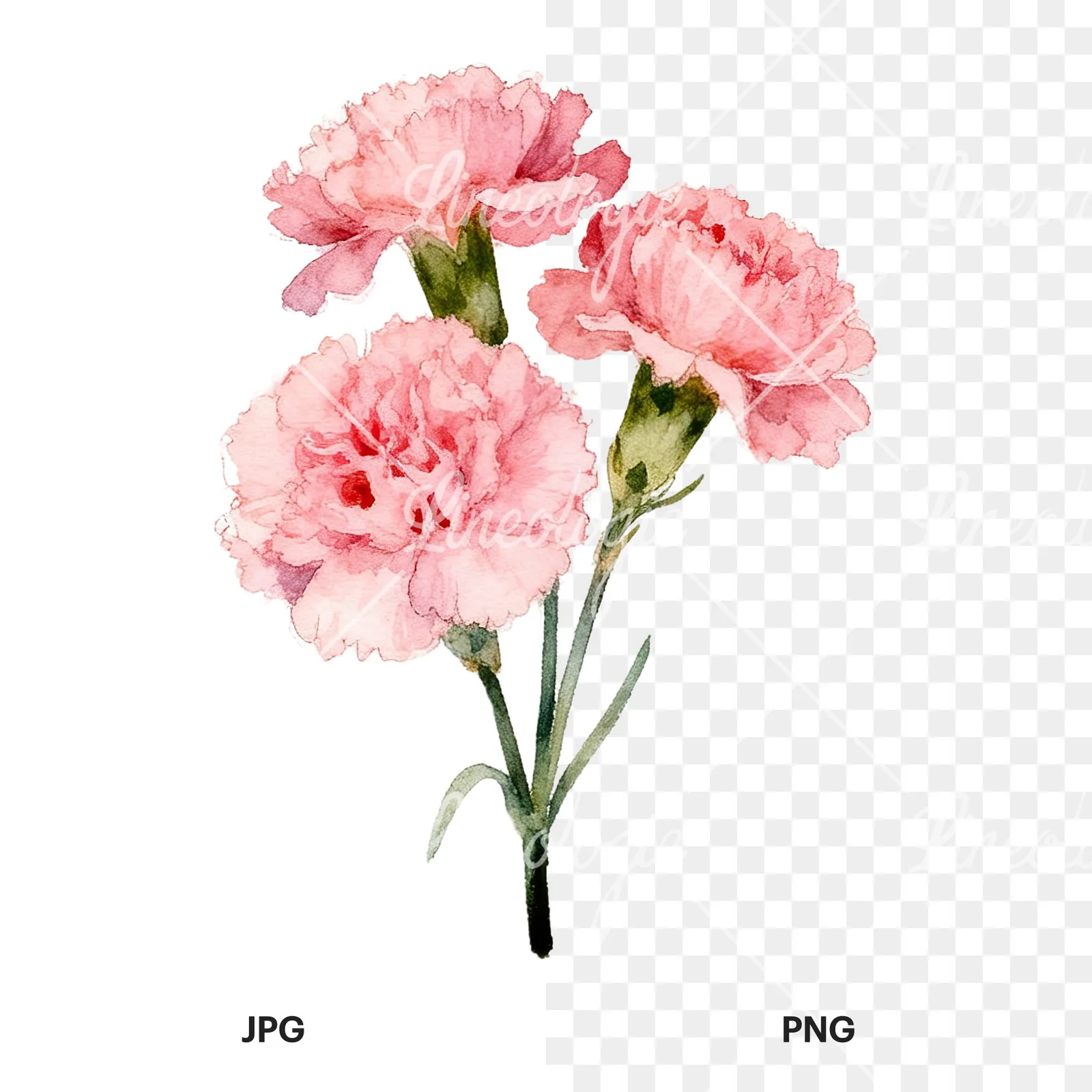 Watercolor tight pink carnation bouquet clipart 3 of 9, as a JPG on white and a transparent PNG