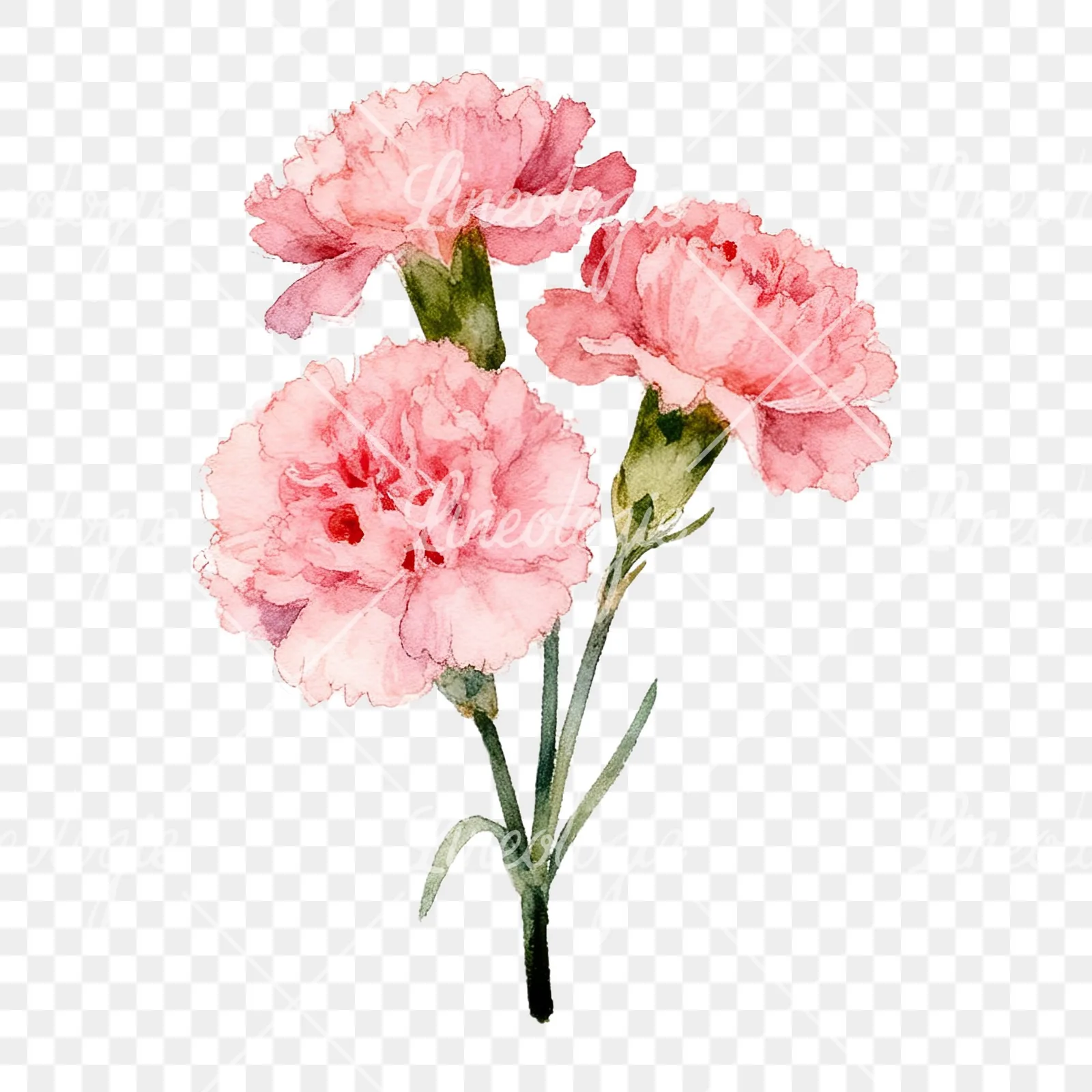 Watercolor tight pink carnation bouquet clipart 3 of 9 on a transparent background (PNG)