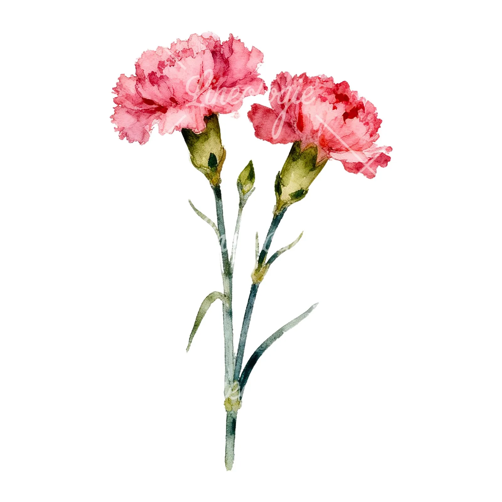 Watercolor tight pink carnation bouquet clipart 4 of 9 on a white background (JPG)