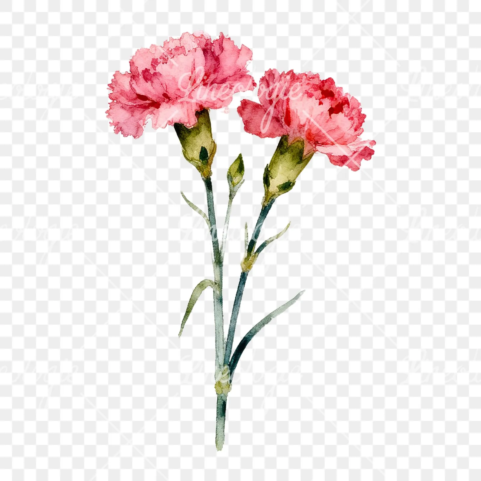 Watercolor tight pink carnation bouquet clipart 4 of 9 on a transparent background (PNG)