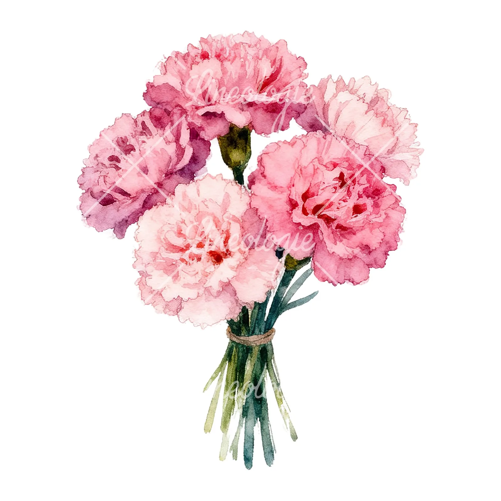 Watercolor tight pink carnation bouquet clipart 5 of 9 on a white background (JPG)