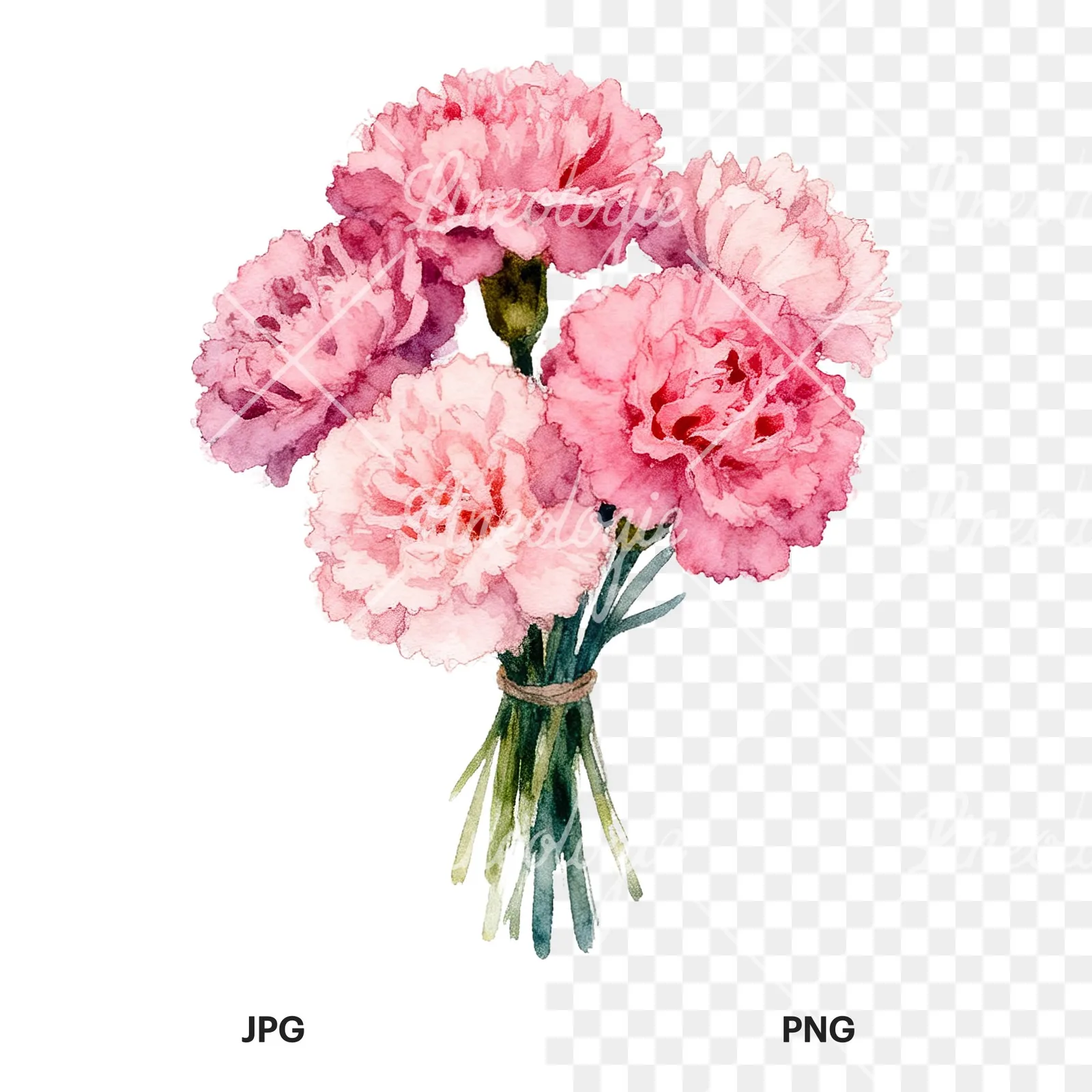 Watercolor tight pink carnation bouquet clipart 5 of 9, as a JPG on white and a transparent PNG