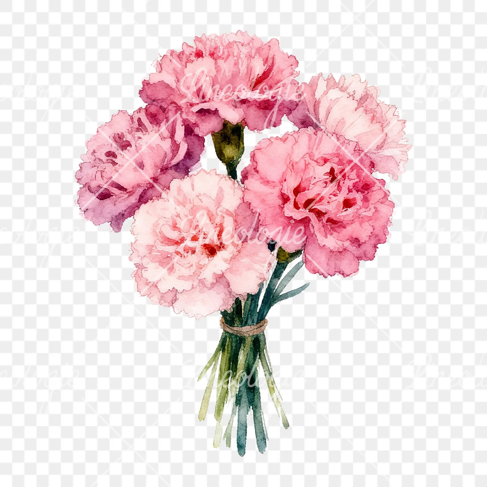 Watercolor tight pink carnation bouquet clipart 5 of 9 on a transparent background (PNG)