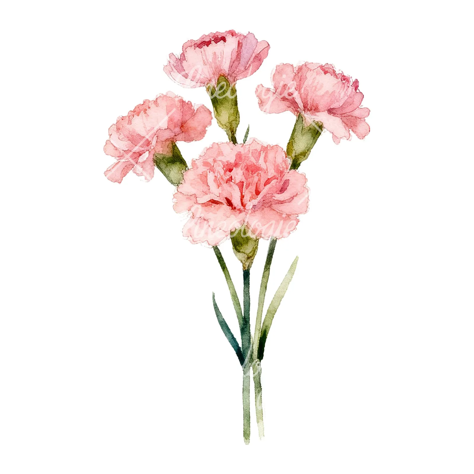 Watercolor tight pink carnation bouquet clipart 6 of 9 on a white background (JPG)