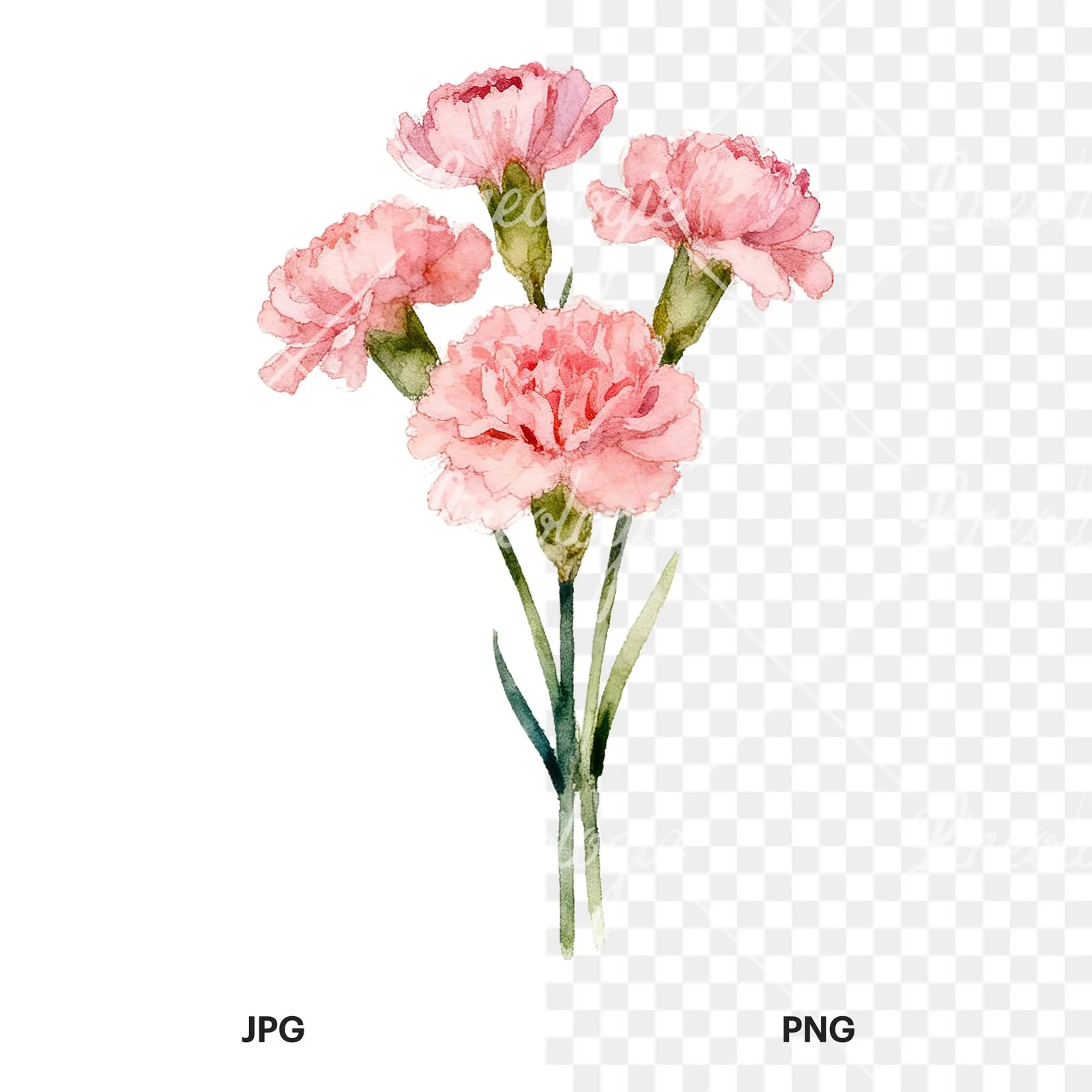 Watercolor tight pink carnation bouquet clipart 6 of 9, as a JPG on white and a transparent PNG