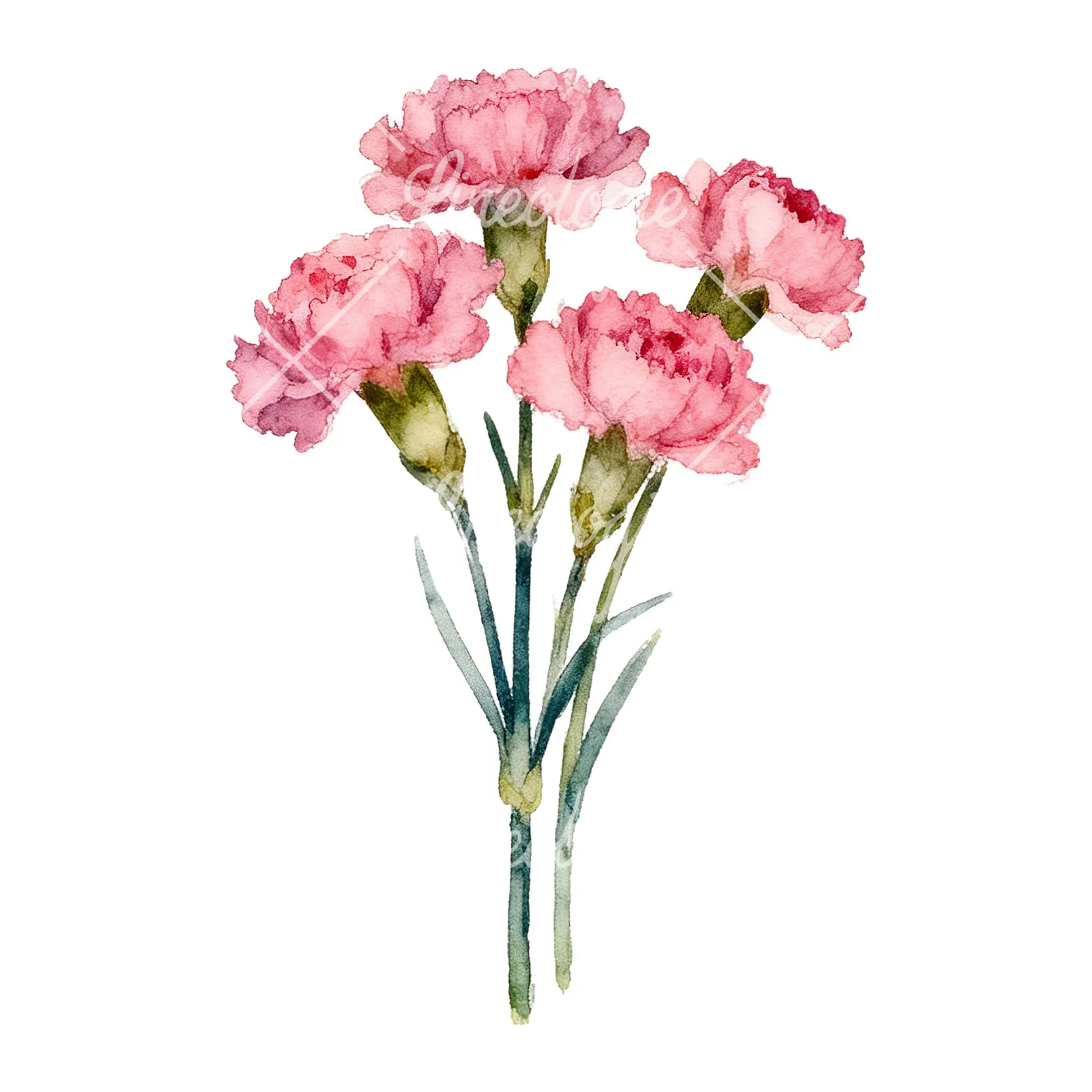 Watercolor tight pink carnation bouquet clipart 7 of 9 on a white background (JPG)