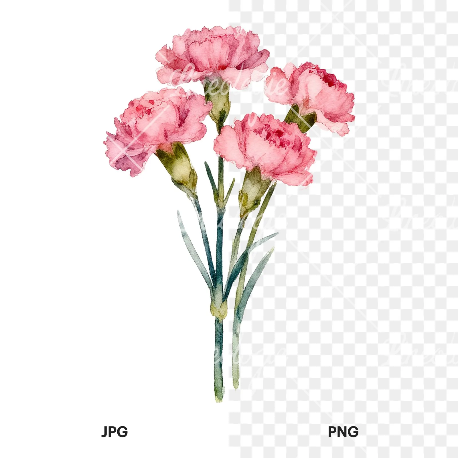 Watercolor tight pink carnation bouquet clipart 7 of 9, as a JPG on white and a transparent PNG