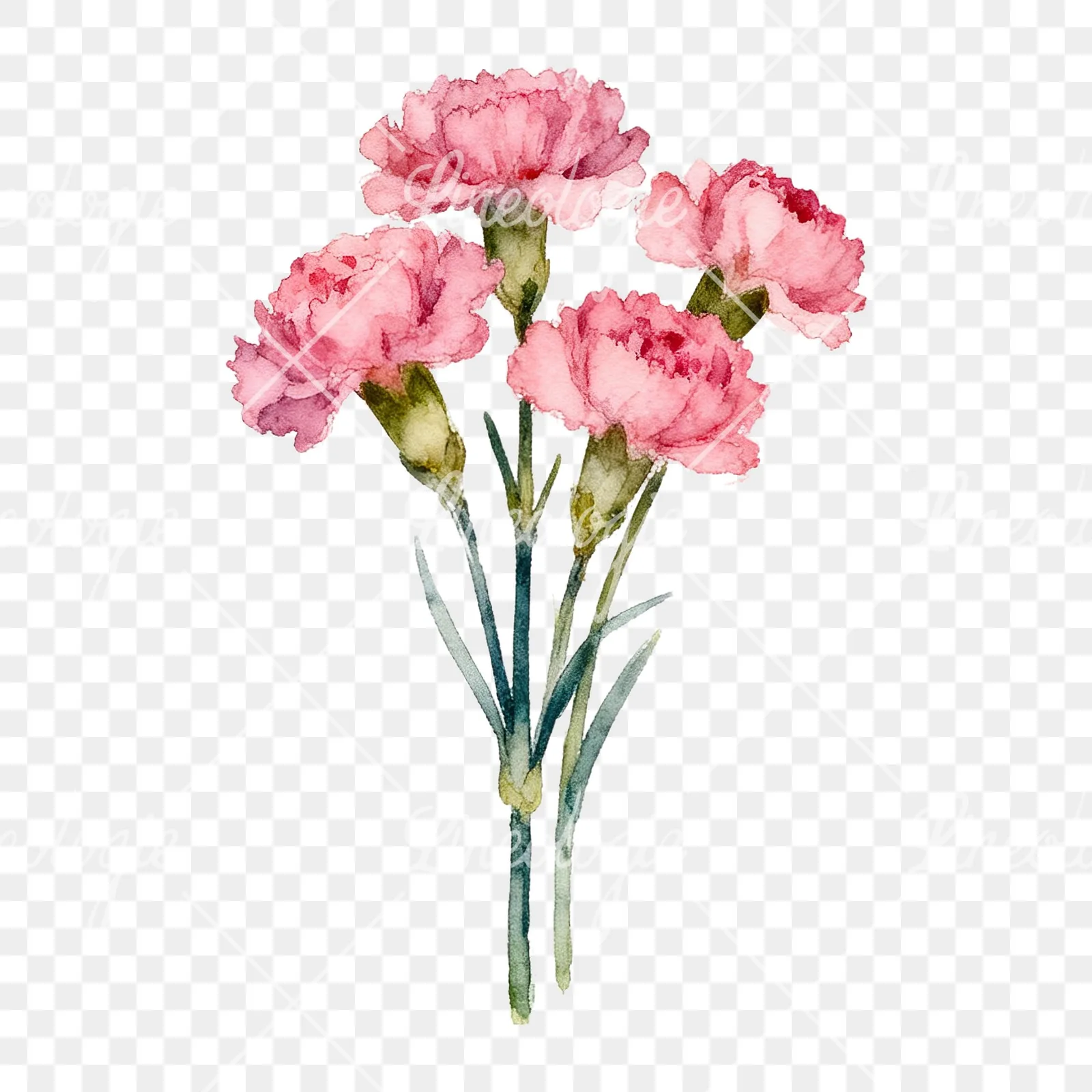 Watercolor tight pink carnation bouquet clipart 7 of 9 on a transparent background (PNG)