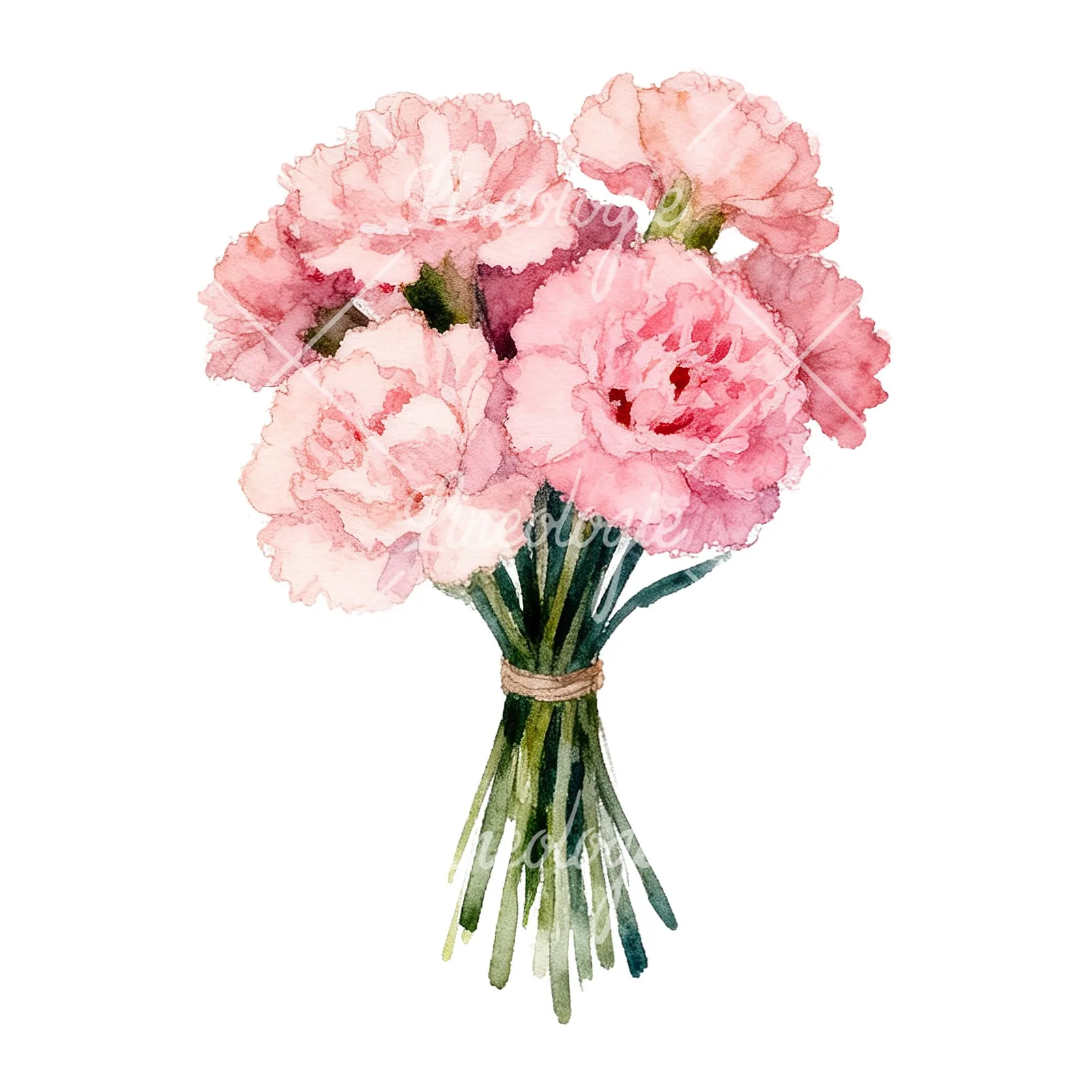 Watercolor tight pink carnation bouquet clipart 8 of 9 on a white background (JPG)