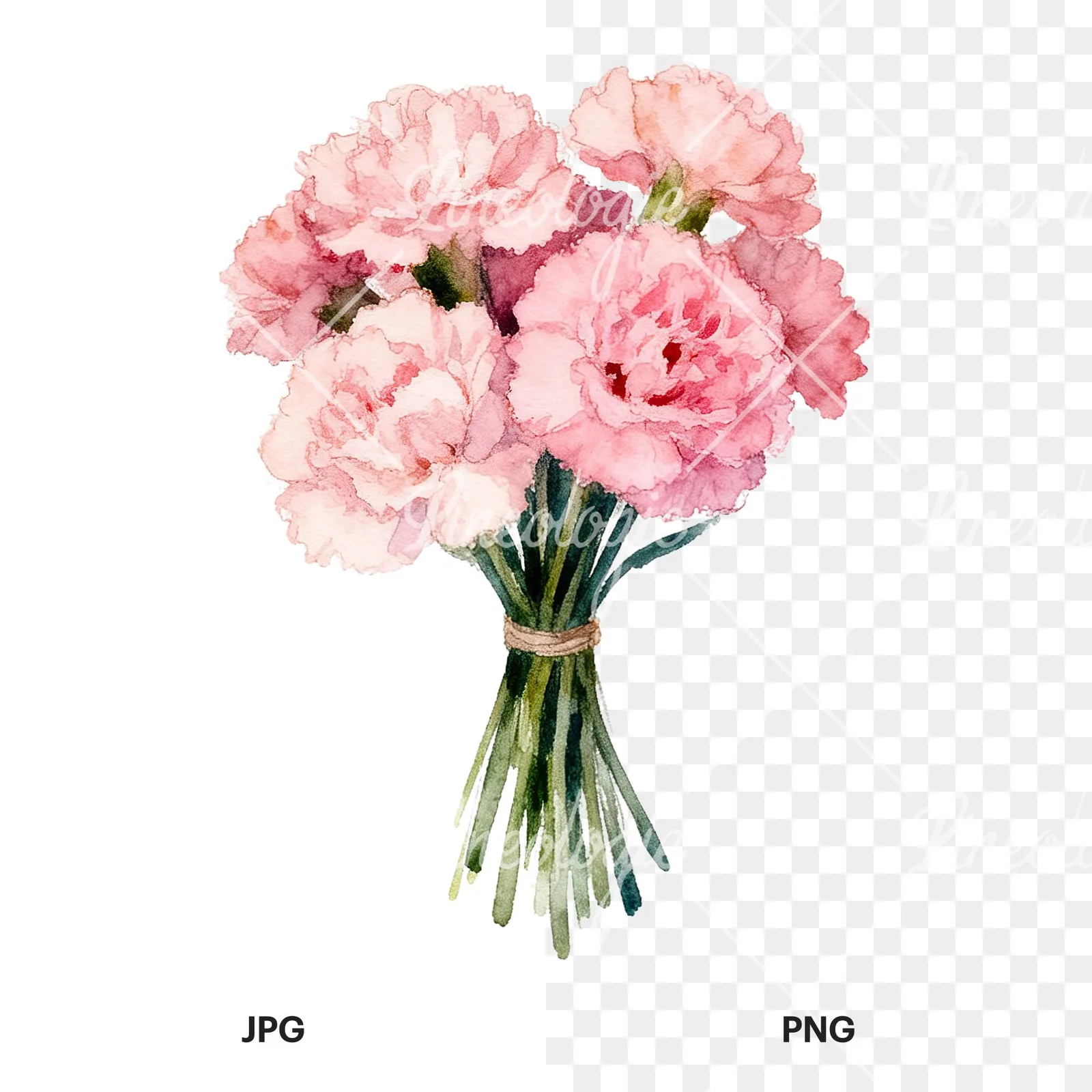 Watercolor tight pink carnation bouquet clipart 8 of 9, as a JPG on white and a transparent PNG