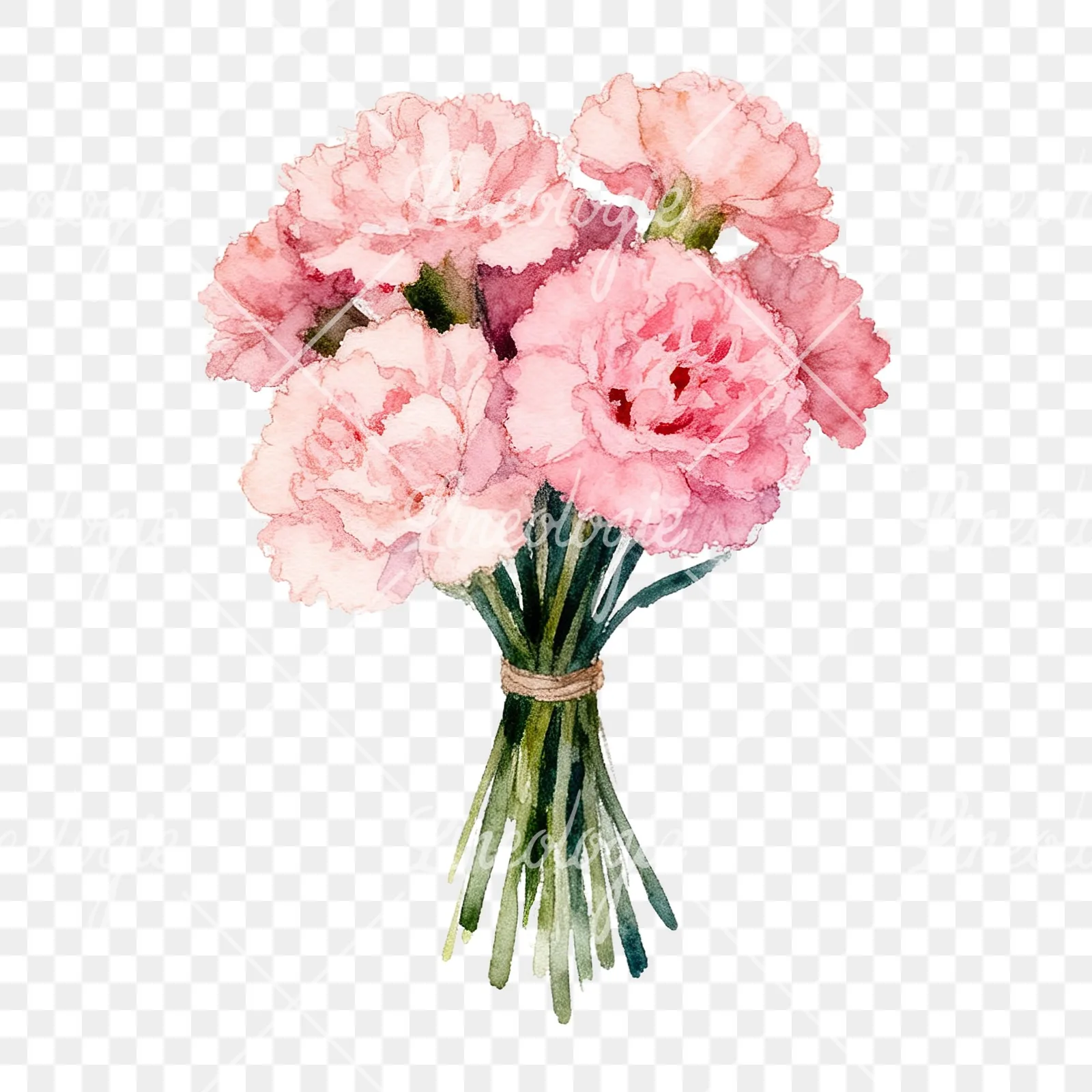 Watercolor tight pink carnation bouquet clipart 8 of 9 on a transparent background (PNG)