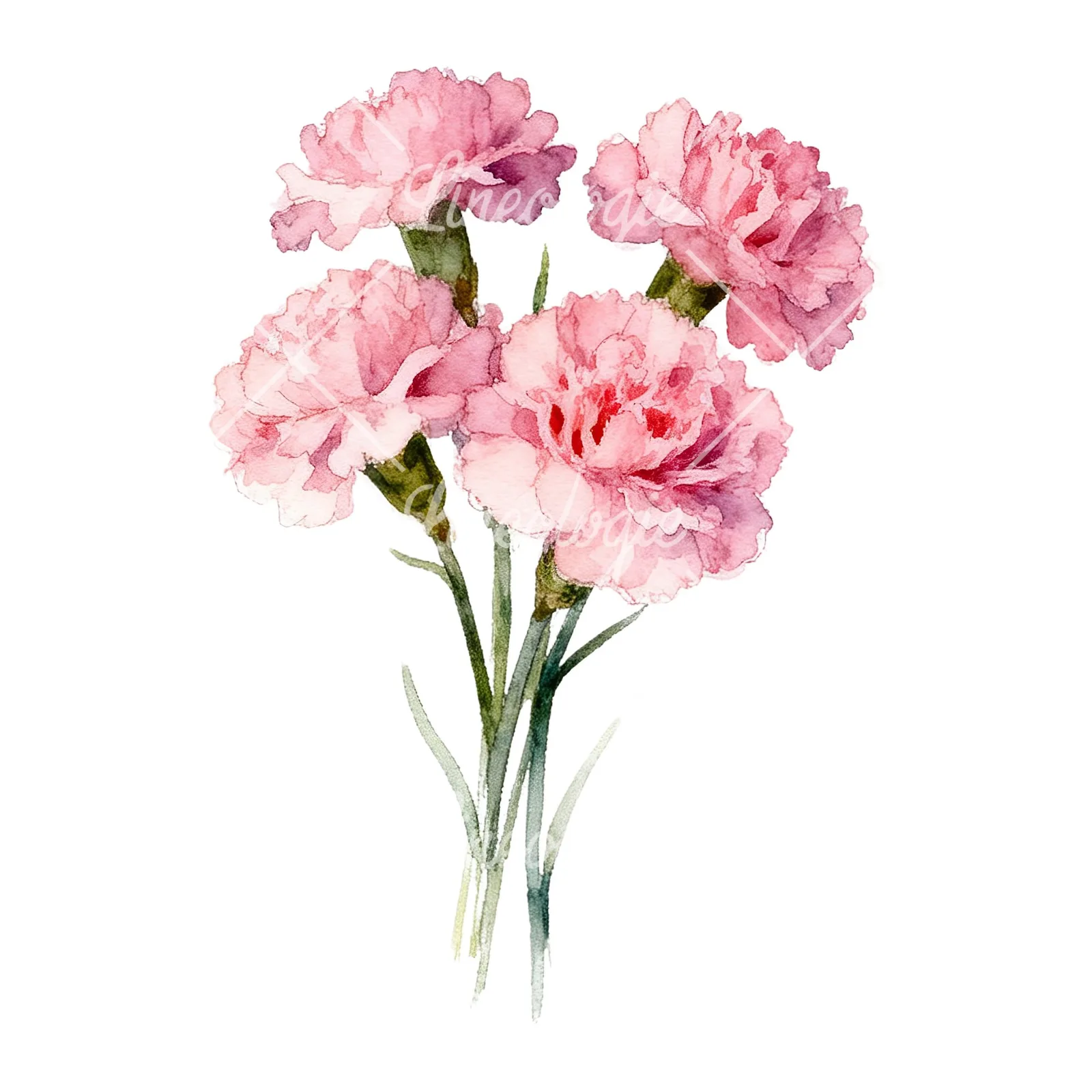 Watercolor tight pink carnation bouquet clipart 9 of 9 on a white background (JPG)