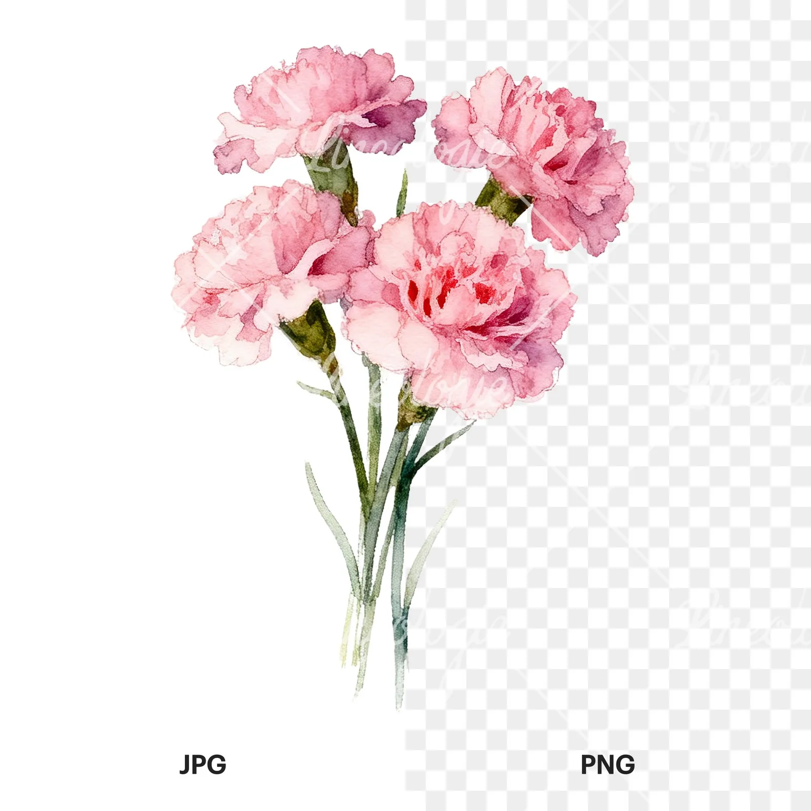 Watercolor tight pink carnation bouquet clipart 9 of 9, as a JPG on white and a transparent PNG