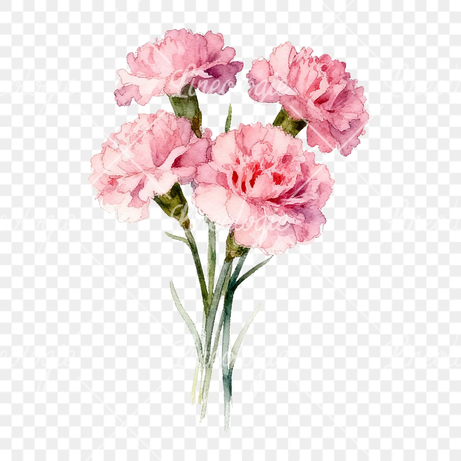 Watercolor tight pink carnation bouquet clipart 9 of 9 on a transparent background (PNG)