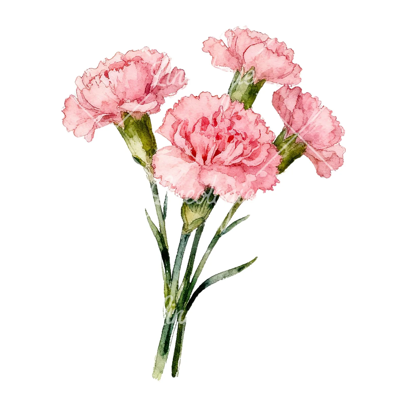 Watercolor pink carnation flower bouquet clipart 1 of 9 on a white background (JPG)