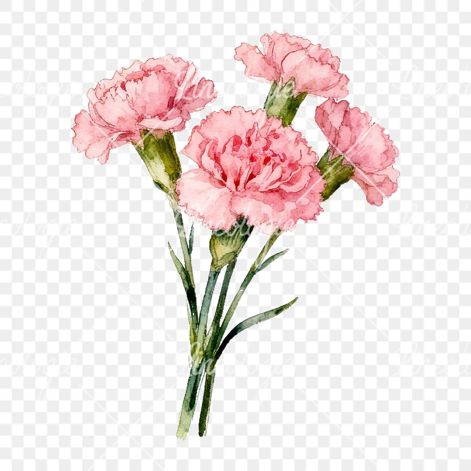 Watercolor pink carnation flower bouquet clipart 1 of 9 on a transparent background (PNG)